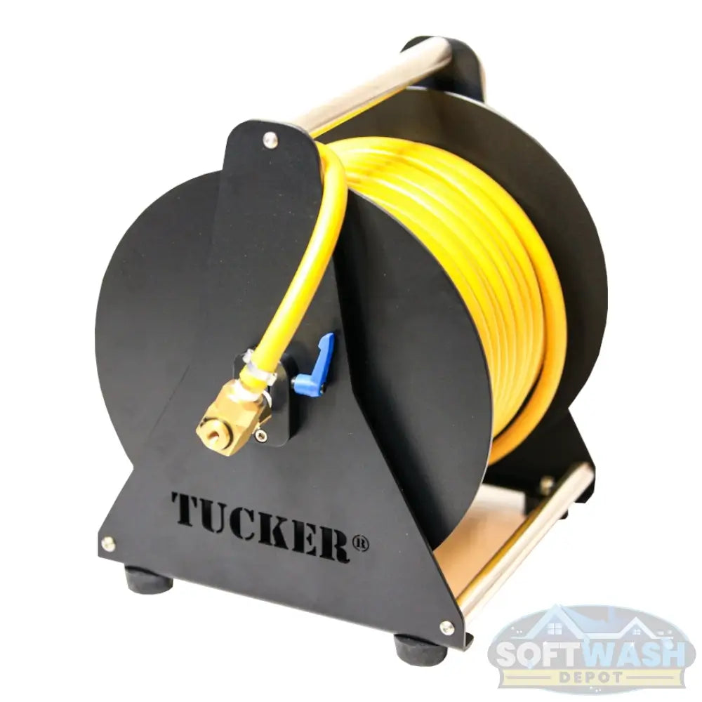 Tucker hand carry hose reel with powder coated steel frame, built-in brake, 150-foot 3/8-inch hose, and 3/4-inch brass inlet and outlet. - Soft Wash Depot