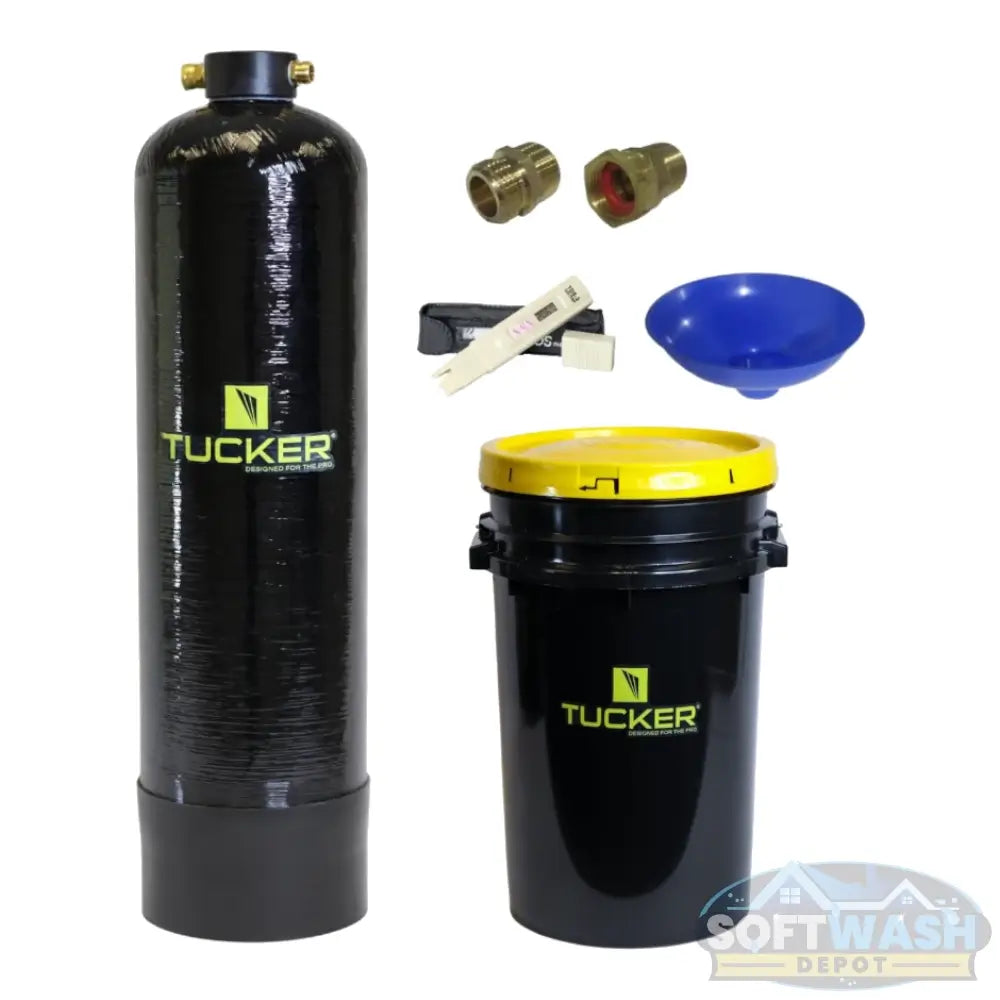 Tucker® DI Tank 1 Cubic Foot Kit - complete deionization system including DI tank, virgin resin bucket, brass fittings, TDS meter, and refill funnel - ideal for pure water window cleaning setups - Soft Wash Depot.