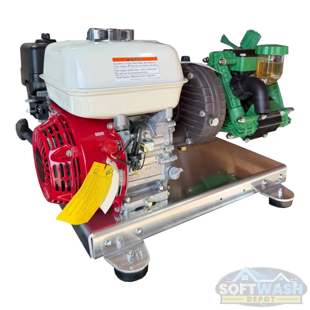 Professional-grade Udor Zeta-PP 42 VAGR3/4 diaphragm pump with Honda GX200 pull-start engine, delivering 10.5 GPM at 300 PSI. Features a durable anodized aluminum body, chemical-resistant polypropylene heads, stainless steel valves, and gear reduction drive-ideal for soft wash, agricultural spraying, and low-pressure chemical applications. - Soft Wash Depot