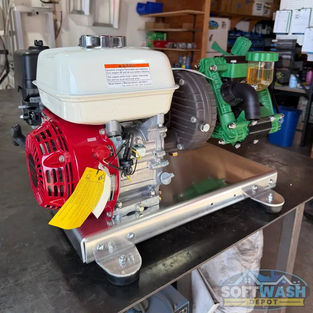 Professional-grade Udor Zeta-PP 42 VAGR3/4 diaphragm pump with Honda GX200 pull-start engine, delivering 10.5 GPM at 300 PSI. Features a durable anodized aluminum body, chemical-resistant polypropylene heads, stainless steel valves, and gear reduction drive-ideal for soft wash, agricultural spraying, and low-pressure chemical applications. - Soft Wash Depot