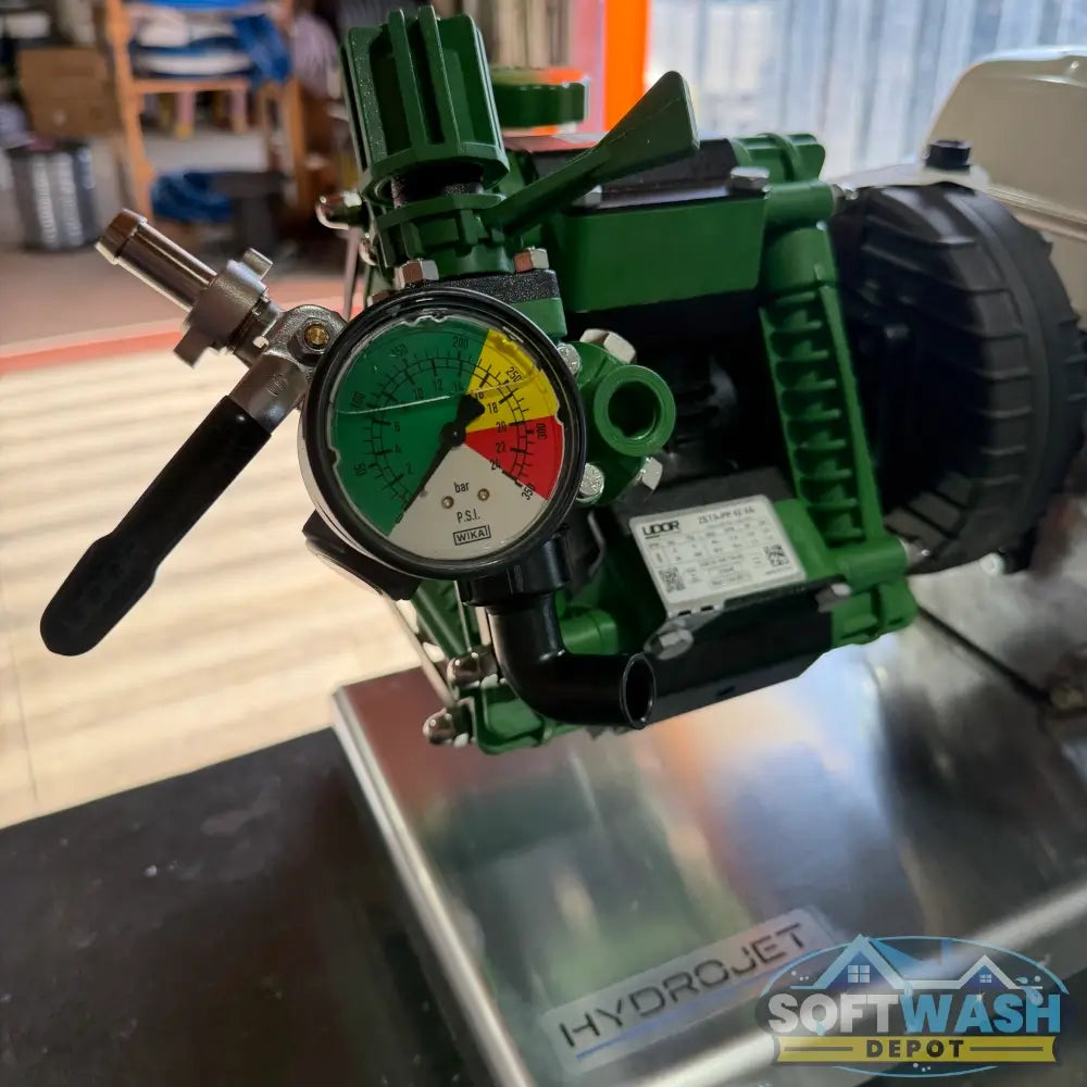 Professional-grade Udor Zeta-PP 42 VAGR3/4 diaphragm pump with Honda GX200 pull-start engine, delivering 10.5 GPM at 300 PSI. Features a durable anodized aluminum body, chemical-resistant polypropylene heads, stainless steel valves, and gear reduction drive-ideal for soft wash, agricultural spraying, and low-pressure chemical applications. - Soft Wash Depot