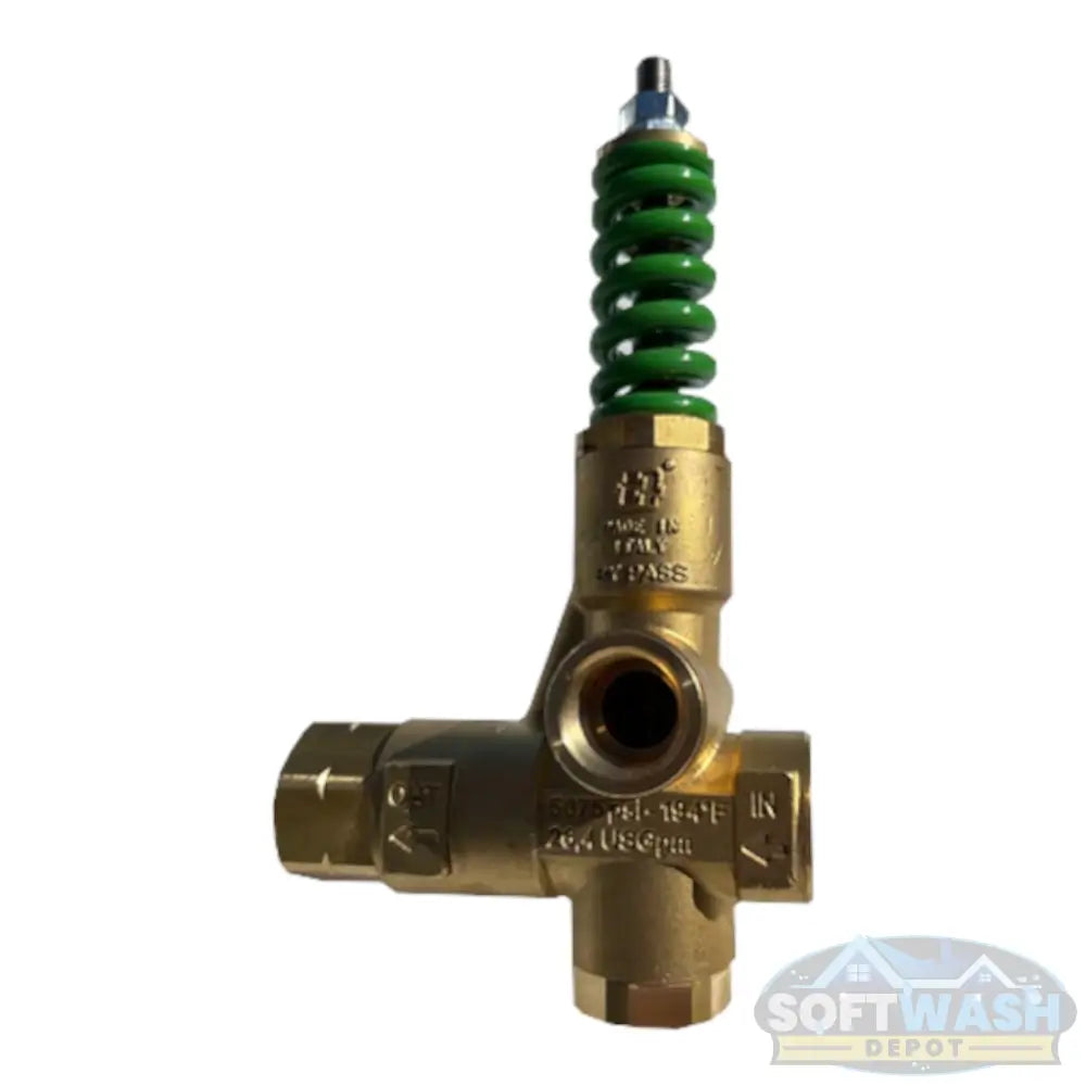 VRT100 Green Spring Brass 1/2" Unloader - high-pressure brass unloader valve with green spring for pressure washer systems, rated for adjustable flow control and pump protection - Soft Wash Depot.
