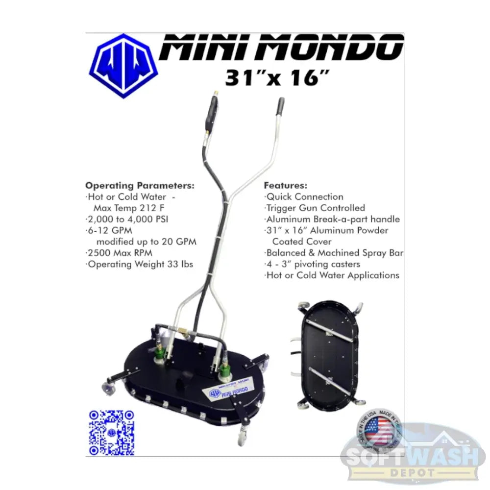 Whisper Wash Mini Mondo Force 31-inch Surface Cleaner - commercial-grade flat surface pressure washer with dual handles and swivel casters - Soft Wash Depot.