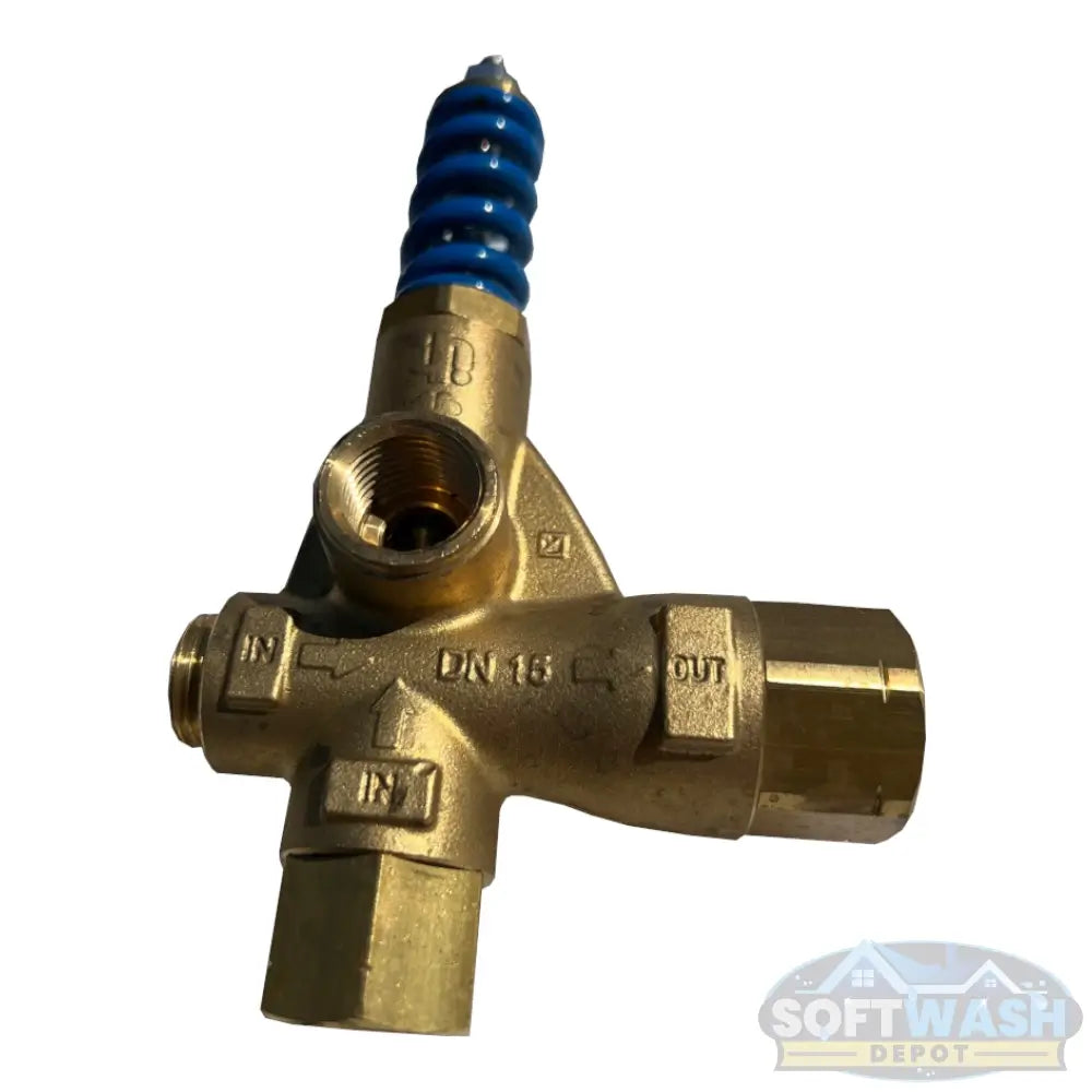 ZH288 Blue Spring Unloader YUB brass pressure washer unloader valve with blue spring, showing IN and OUT directional ports. - Soft Wash Depot