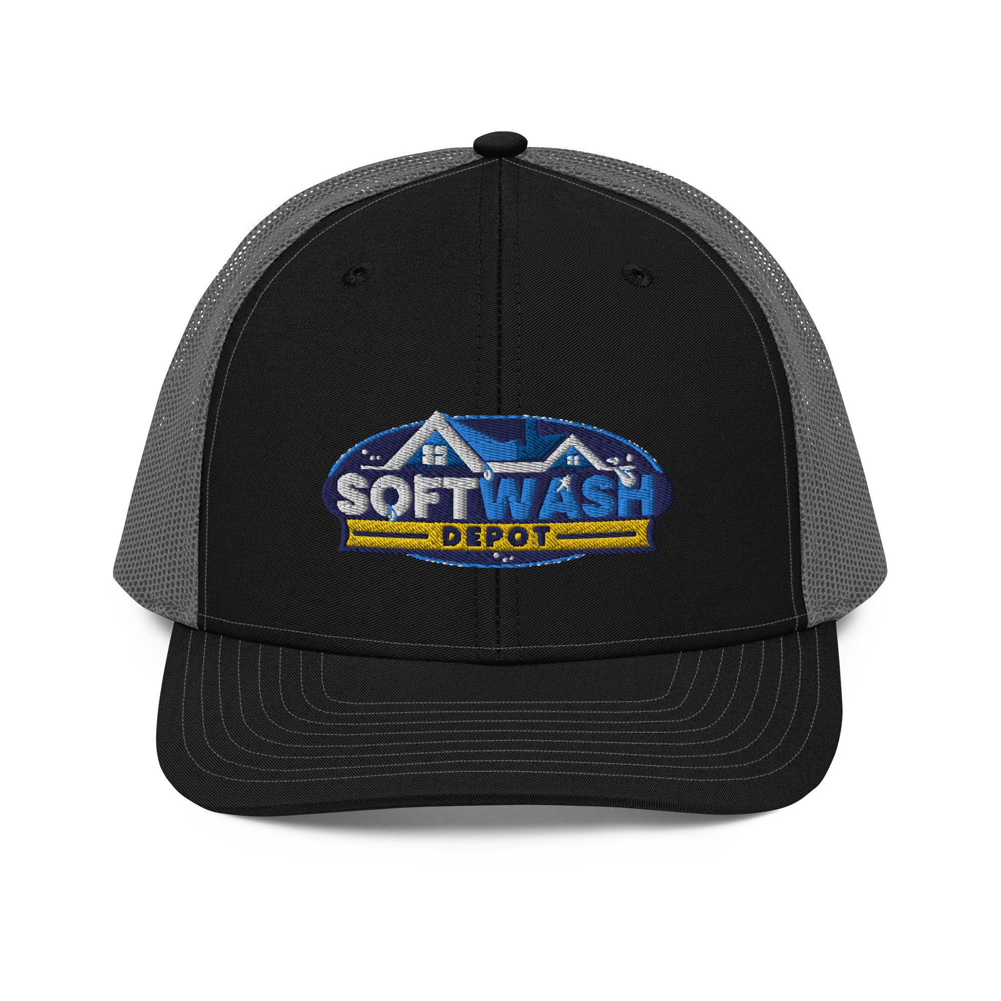 Mesh trucker hat with curved bill featuring an embroidered Soft Wash Depot logo on the front - Soft Wash Depot.