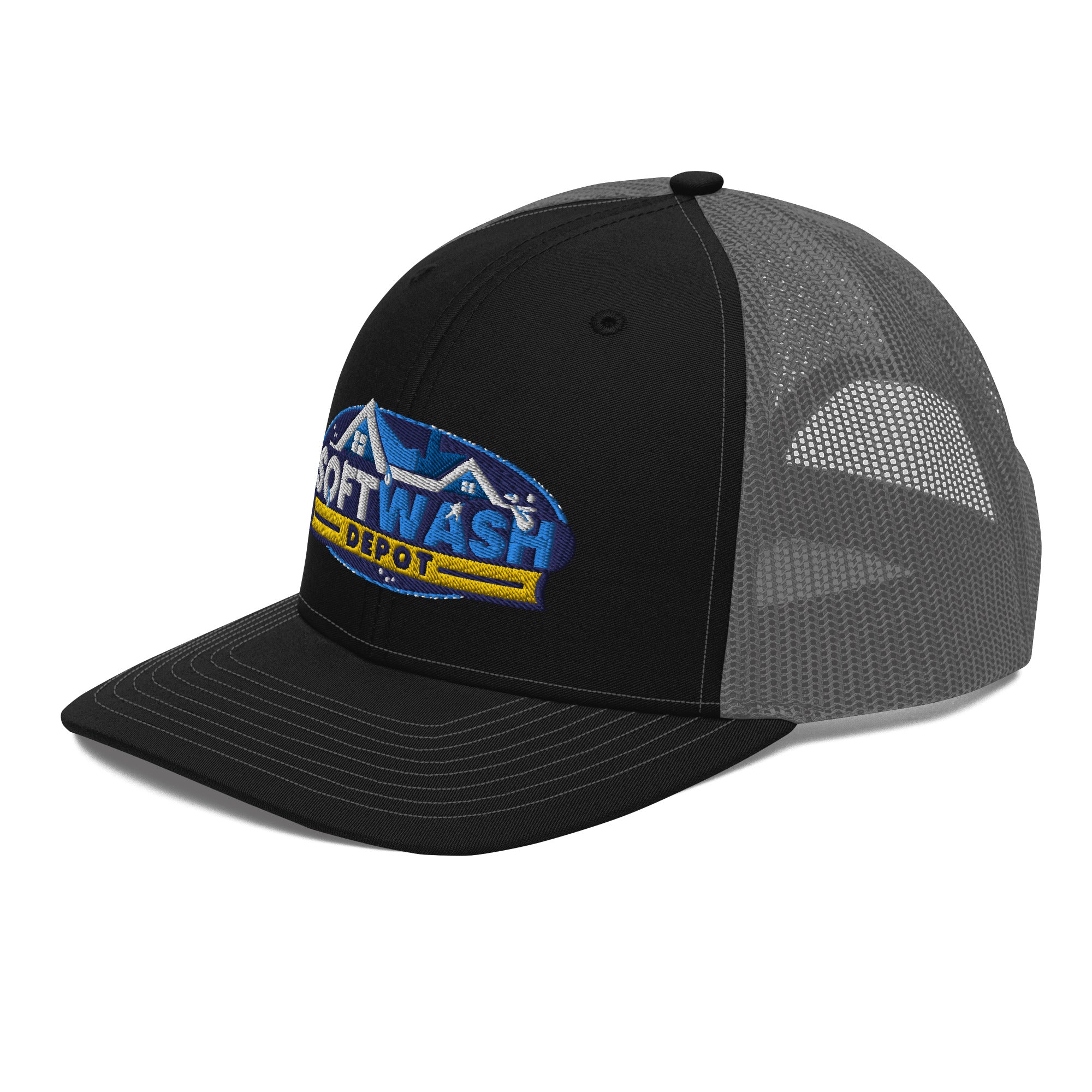 Mesh trucker hat with curved bill featuring an embroidered Soft Wash Depot logo on the front - Soft Wash Depot.