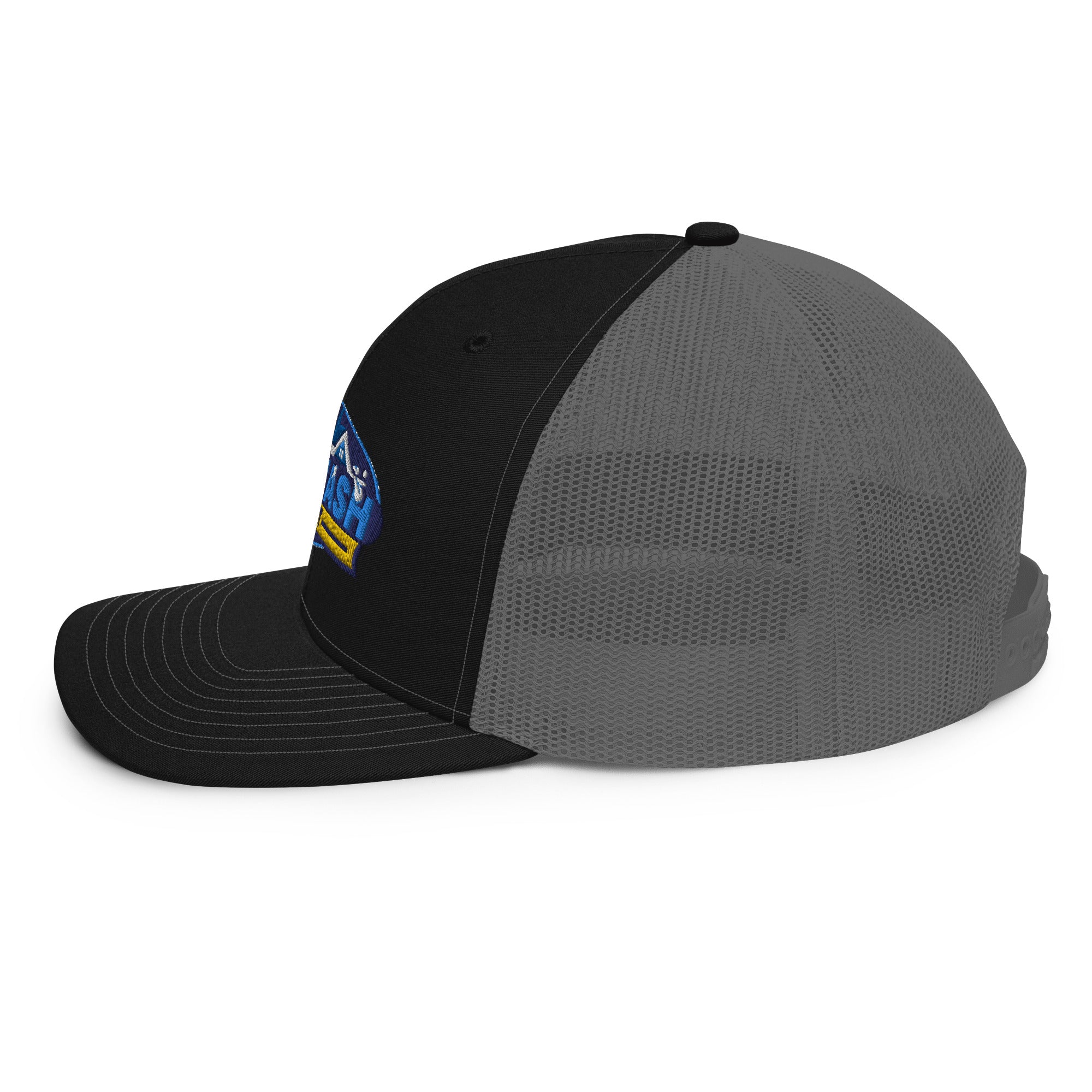 Mesh trucker hat with curved bill featuring an embroidered Soft Wash Depot logo on the front - Soft Wash Depot.