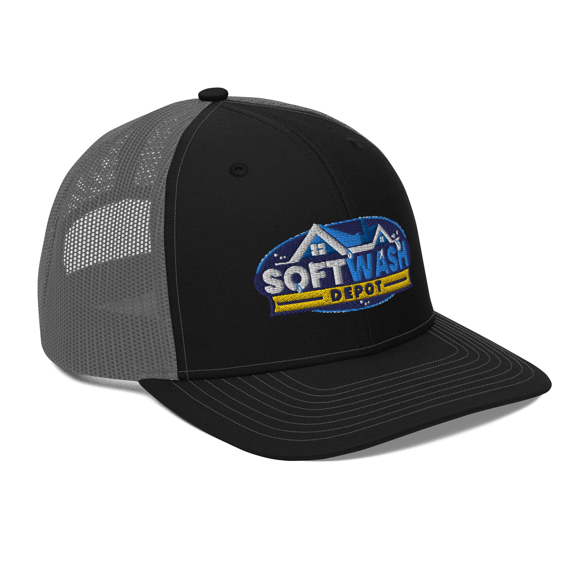 Mesh trucker hat with curved bill featuring an embroidered Soft Wash Depot logo on the front - Soft Wash Depot.