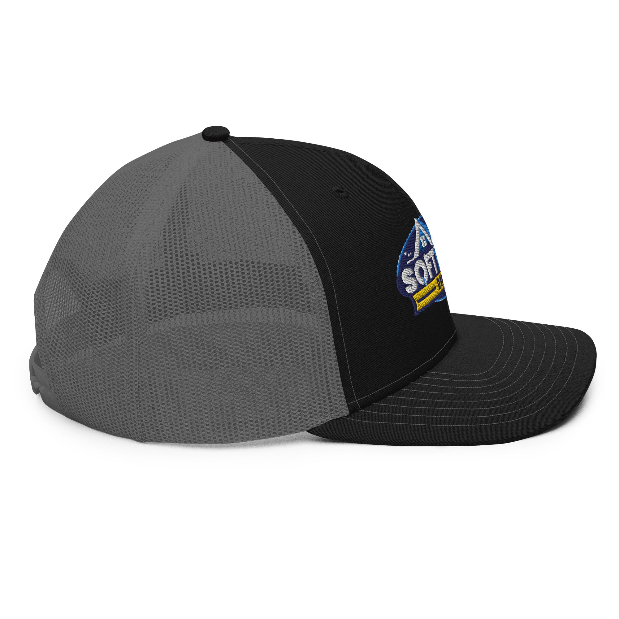 Mesh trucker hat with curved bill featuring an embroidered Soft Wash Depot logo on the front - Soft Wash Depot.