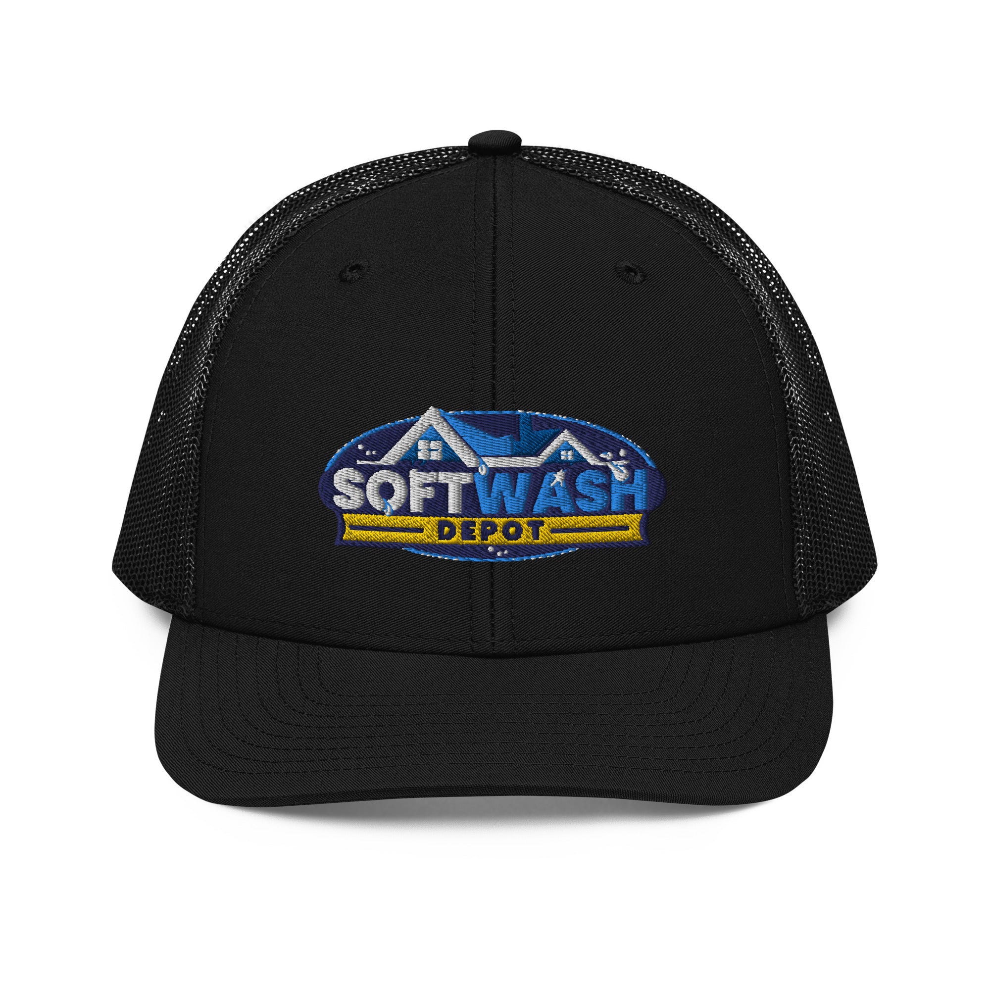 Mesh trucker hat with curved bill featuring an embroidered Soft Wash Depot logo on the front - Soft Wash Depot.