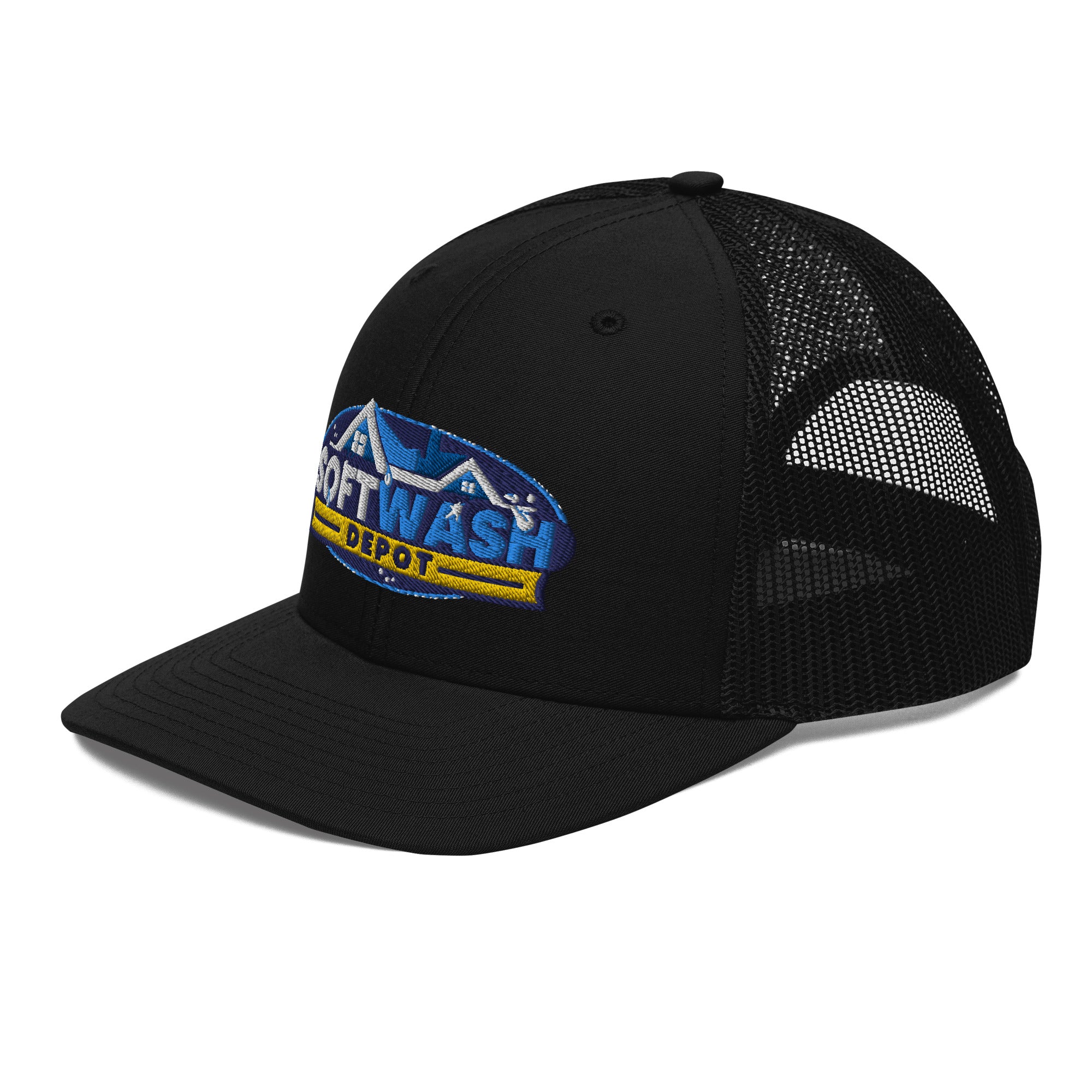 Mesh trucker hat with curved bill featuring an embroidered Soft Wash Depot logo on the front - Soft Wash Depot.