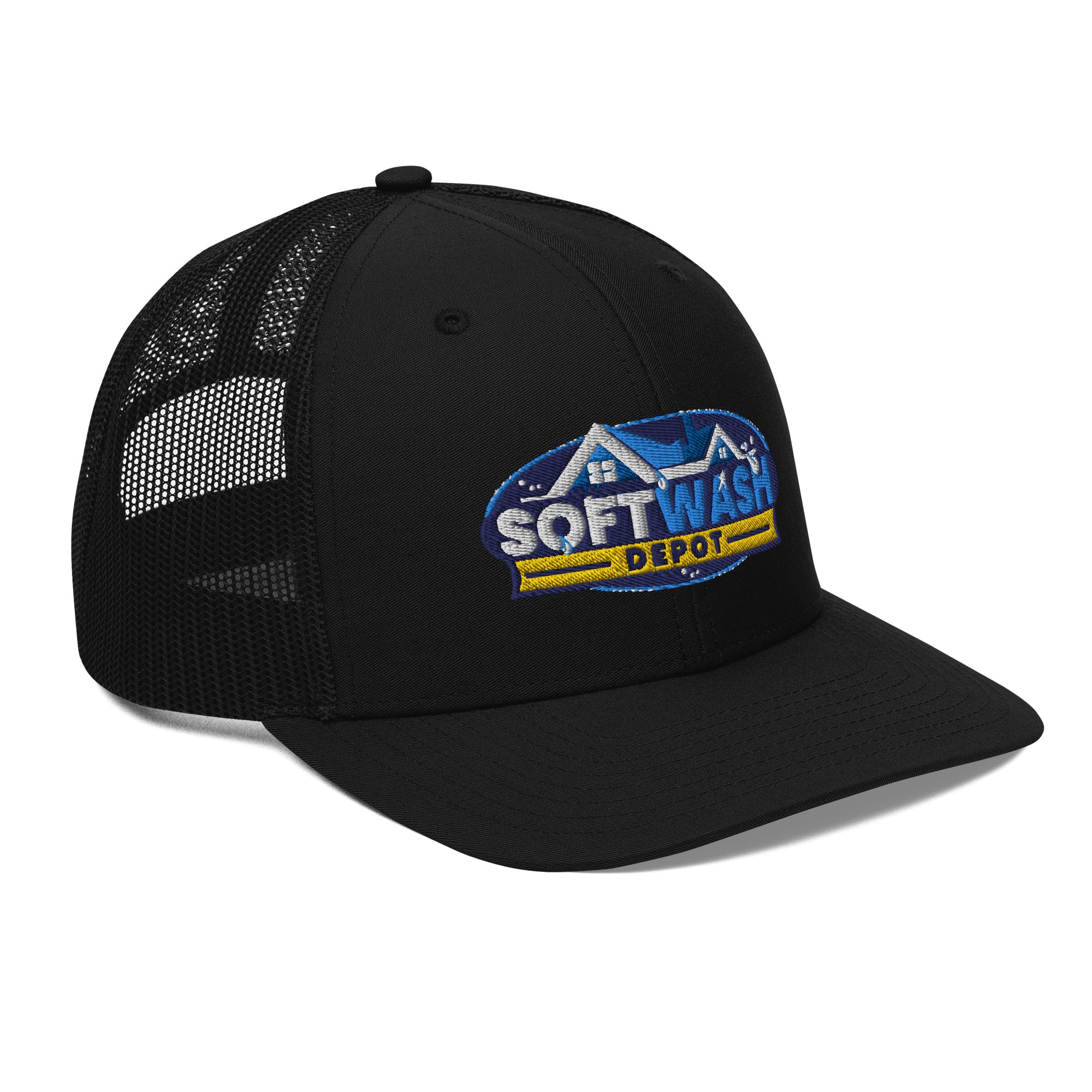Mesh trucker hat with curved bill featuring an embroidered Soft Wash Depot logo on the front - Soft Wash Depot.