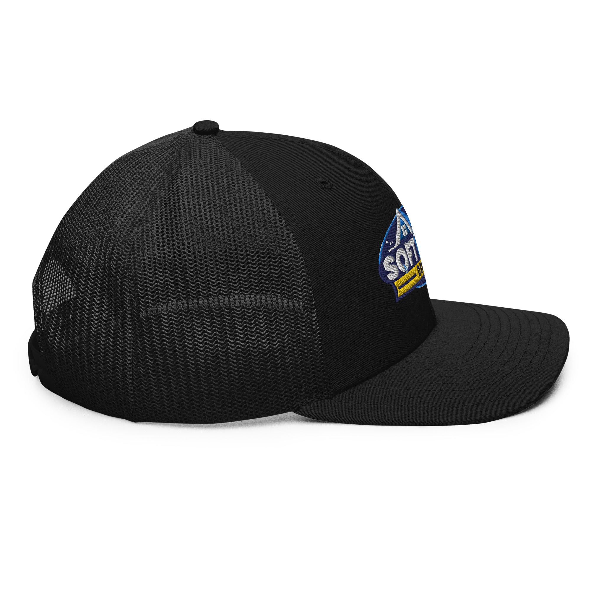 Mesh trucker hat with curved bill featuring an embroidered Soft Wash Depot logo on the front - Soft Wash Depot.