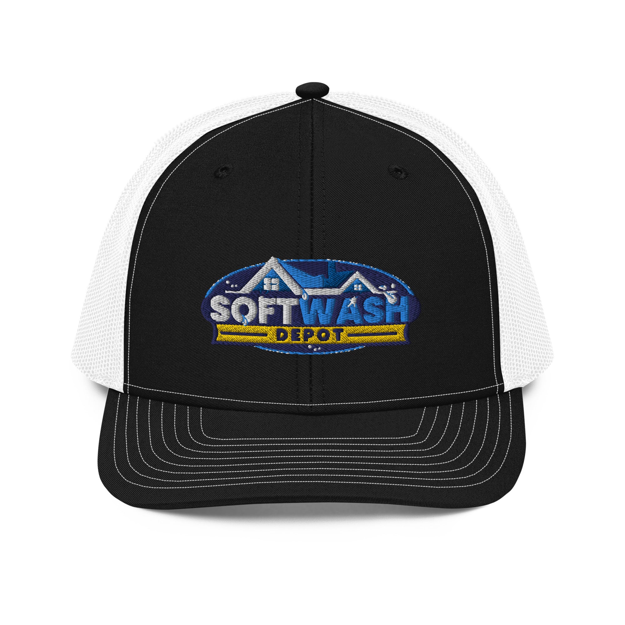 Mesh trucker hat with curved bill featuring an embroidered Soft Wash Depot logo on the front - Soft Wash Depot.