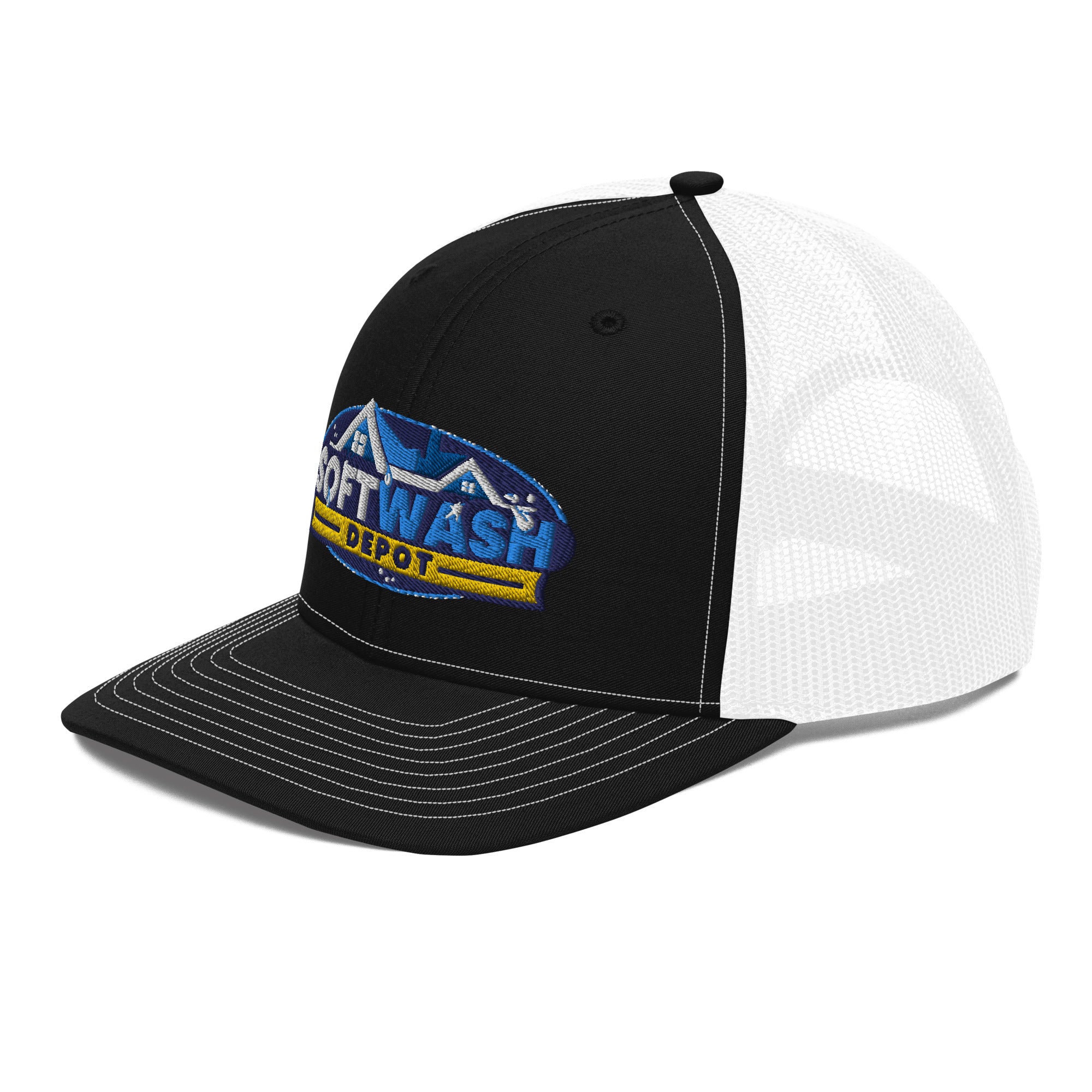 Mesh trucker hat with curved bill featuring an embroidered Soft Wash Depot logo on the front - Soft Wash Depot.