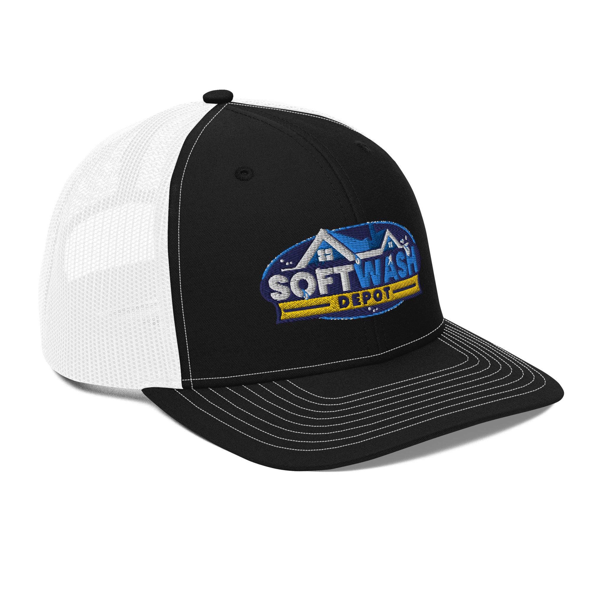 Mesh trucker hat with curved bill featuring an embroidered Soft Wash Depot logo on the front - Soft Wash Depot.