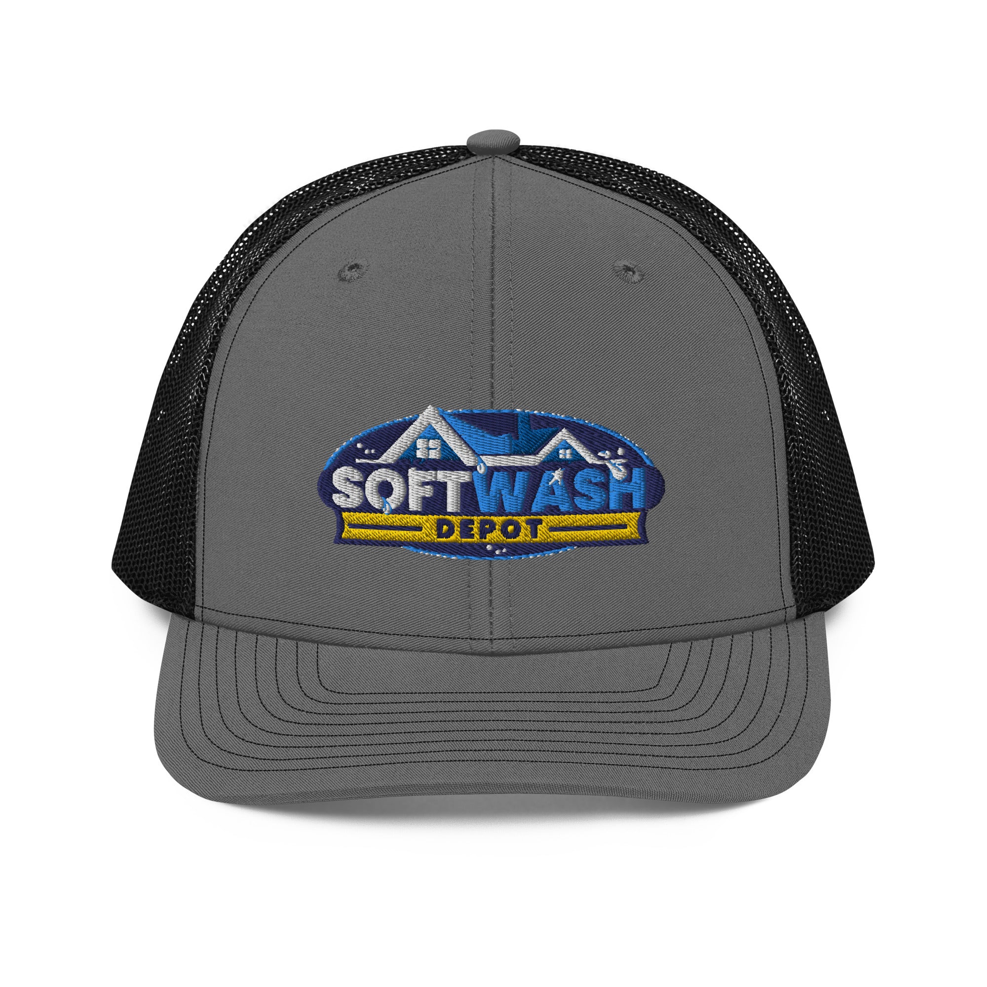 Mesh trucker hat with curved bill featuring an embroidered Soft Wash Depot logo on the front - Soft Wash Depot.
