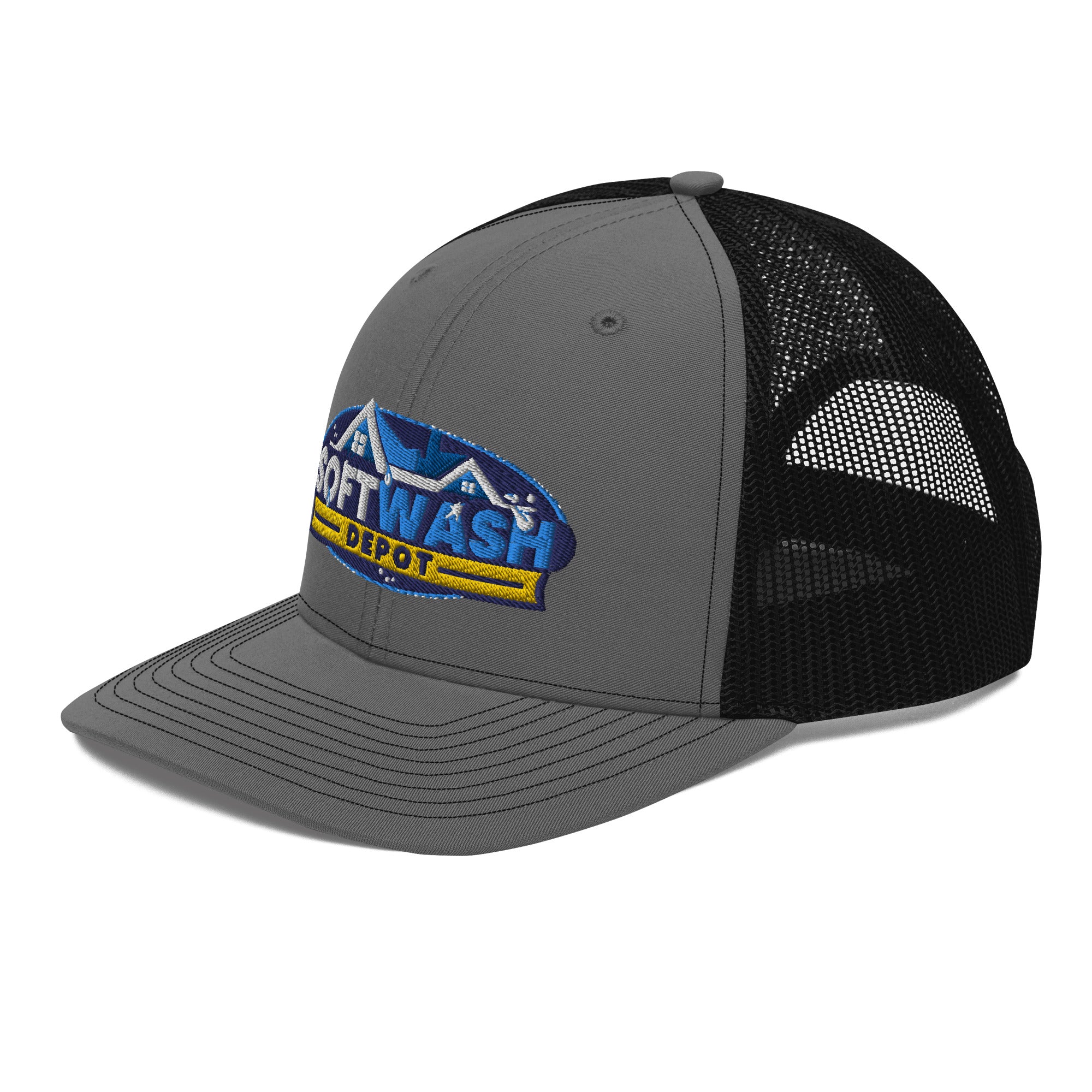 Mesh trucker hat with curved bill featuring an embroidered Soft Wash Depot logo on the front - Soft Wash Depot.