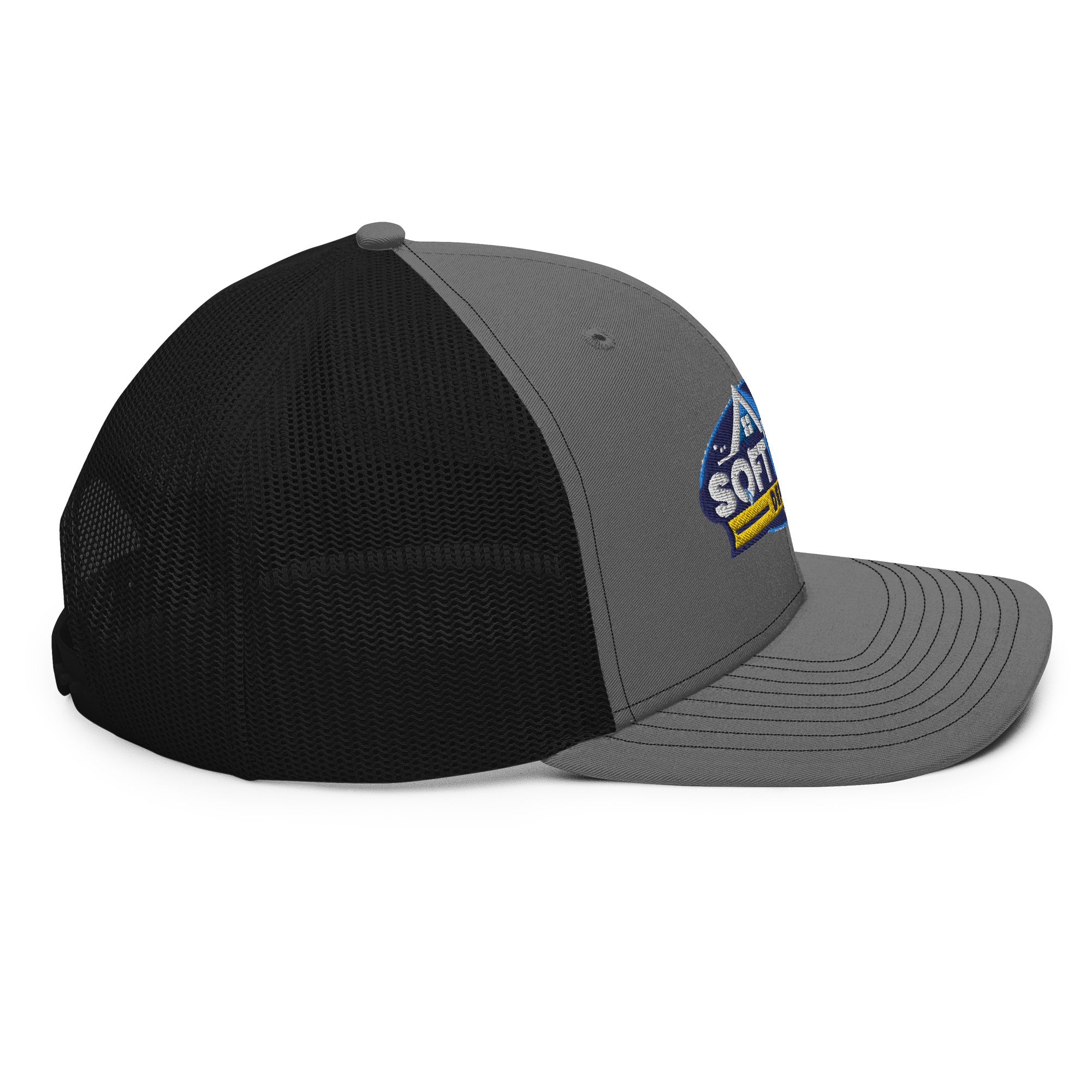 Mesh trucker hat with curved bill featuring an embroidered Soft Wash Depot logo on the front - Soft Wash Depot.