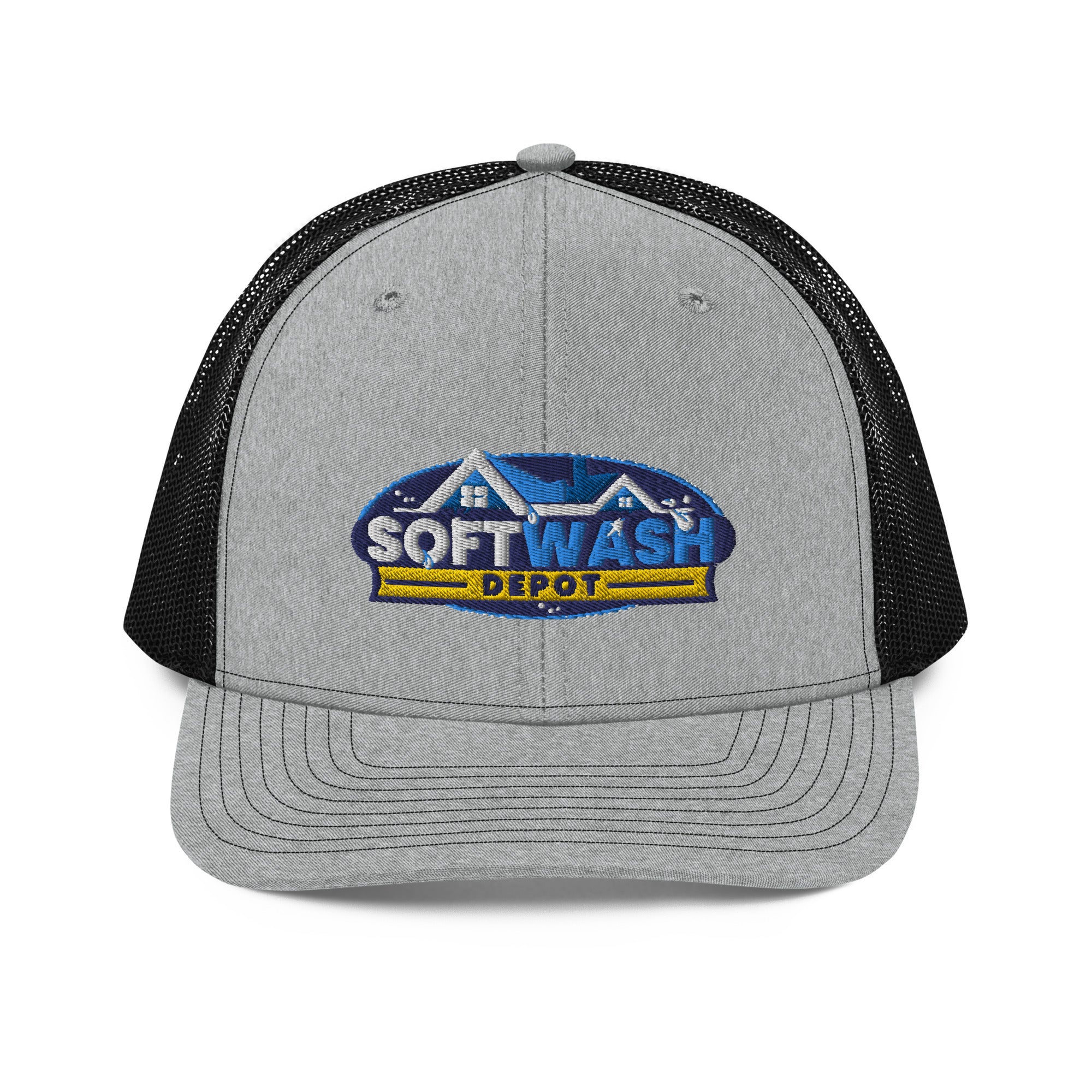 Mesh trucker hat with curved bill featuring an embroidered Soft Wash Depot logo on the front - Soft Wash Depot.