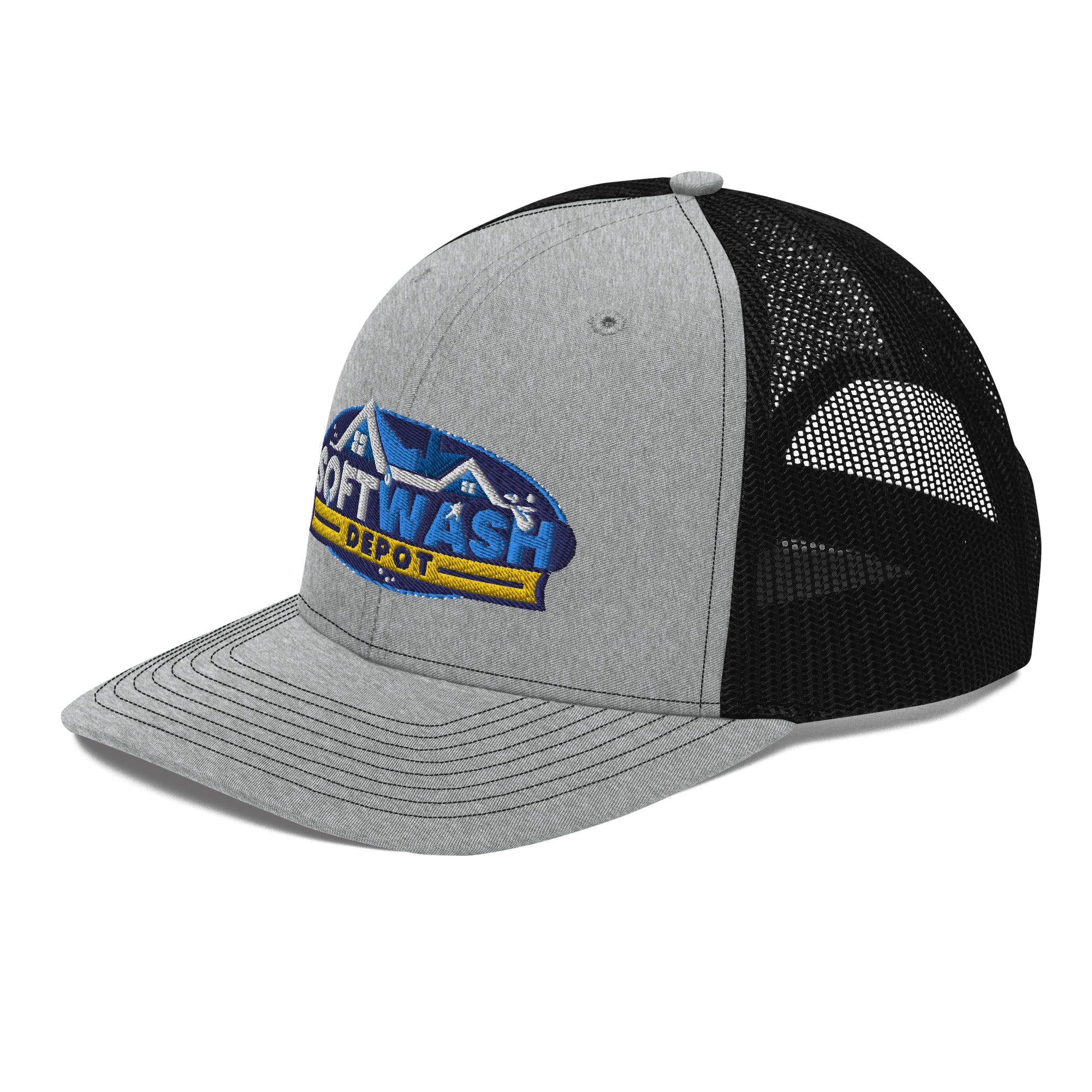 Mesh trucker hat with curved bill featuring an embroidered Soft Wash Depot logo on the front - Soft Wash Depot.