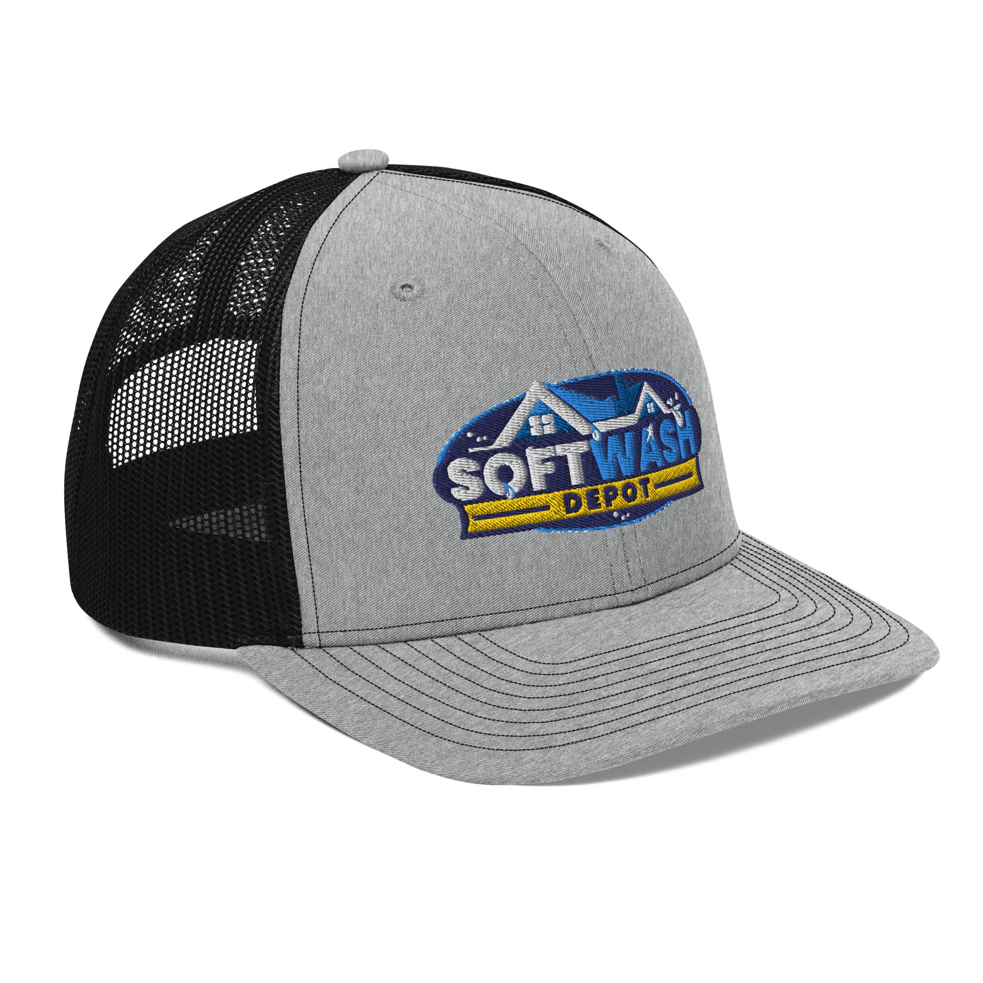 Mesh trucker hat with curved bill featuring an embroidered Soft Wash Depot logo on the front - Soft Wash Depot.
