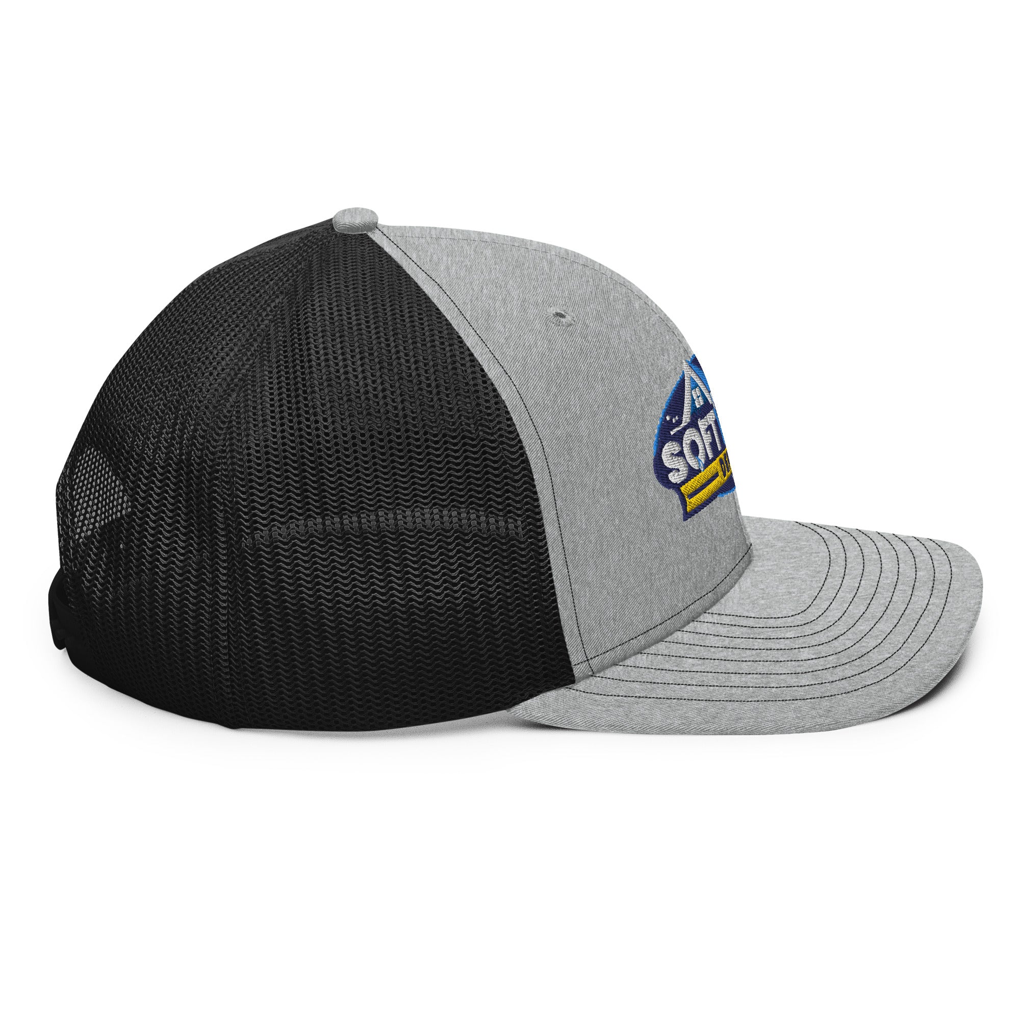Mesh trucker hat with curved bill featuring an embroidered Soft Wash Depot logo on the front - Soft Wash Depot.