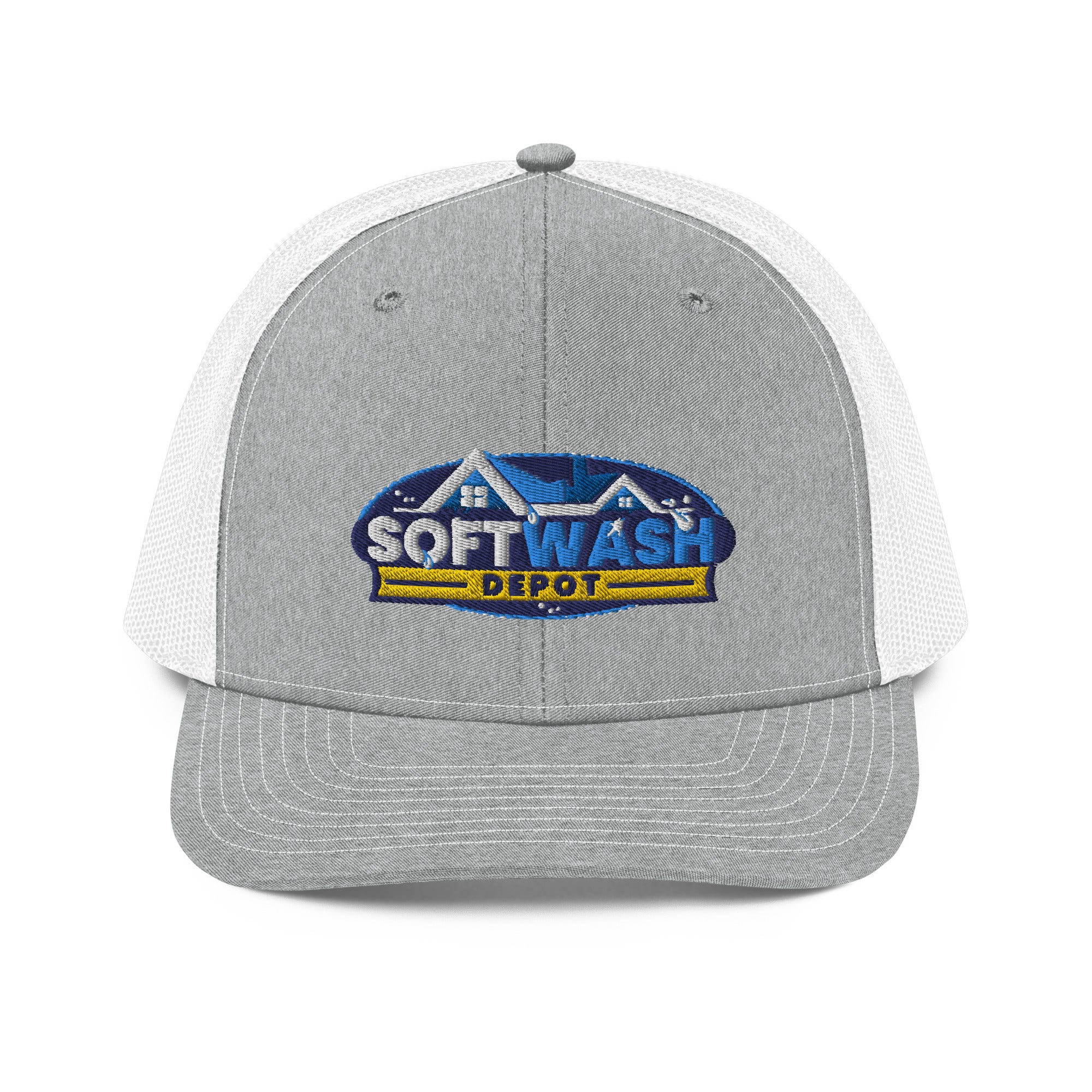 Mesh trucker hat with curved bill featuring an embroidered Soft Wash Depot logo on the front - Soft Wash Depot.