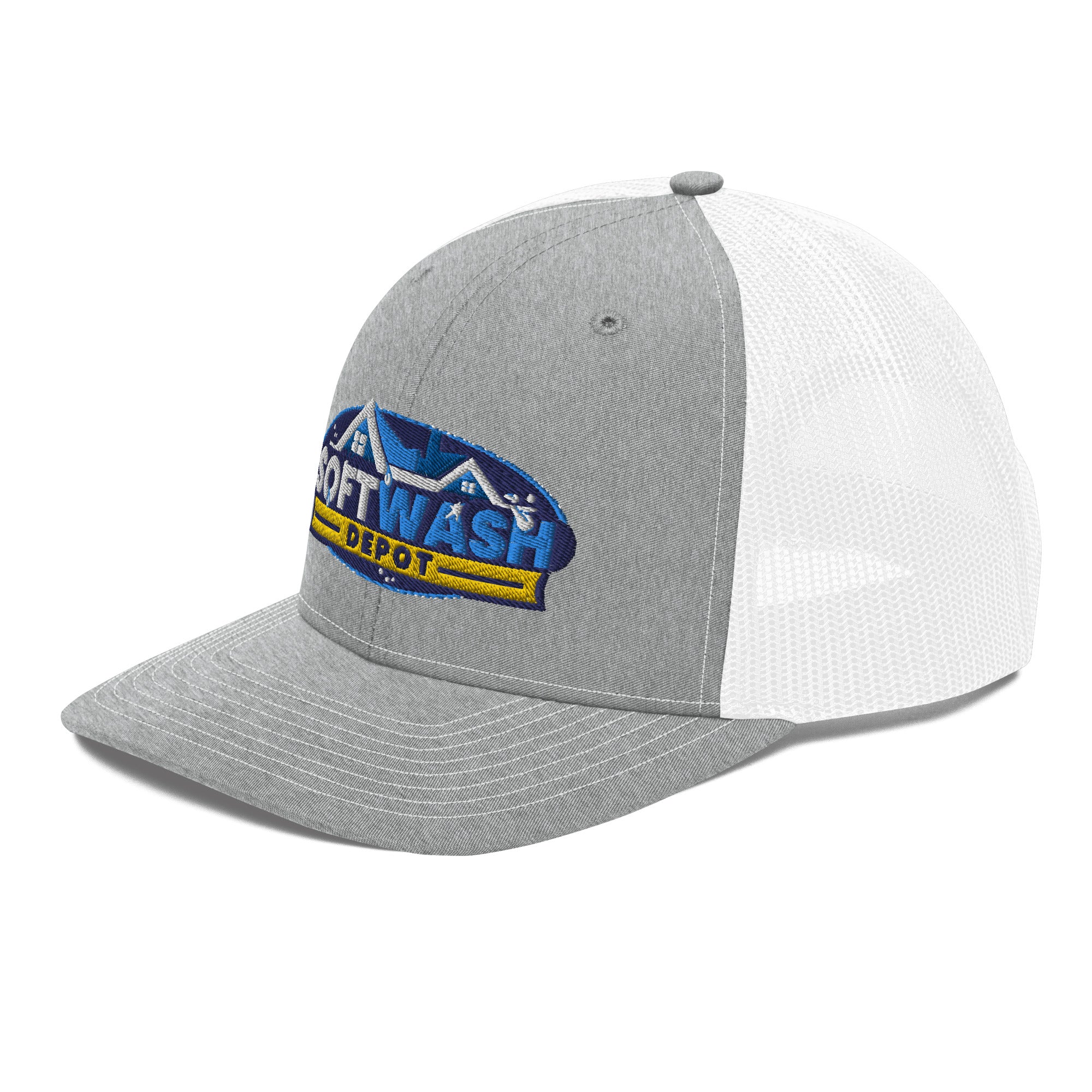 Mesh trucker hat with curved bill featuring an embroidered Soft Wash Depot logo on the front - Soft Wash Depot.
