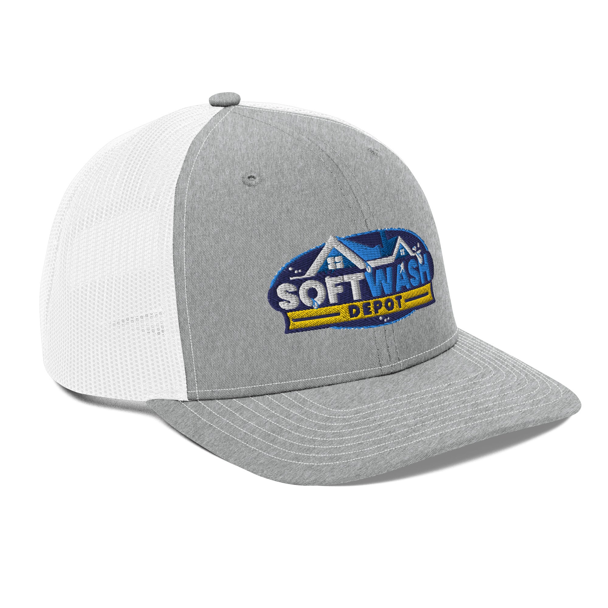 Mesh trucker hat with curved bill featuring an embroidered Soft Wash Depot logo on the front - Soft Wash Depot.