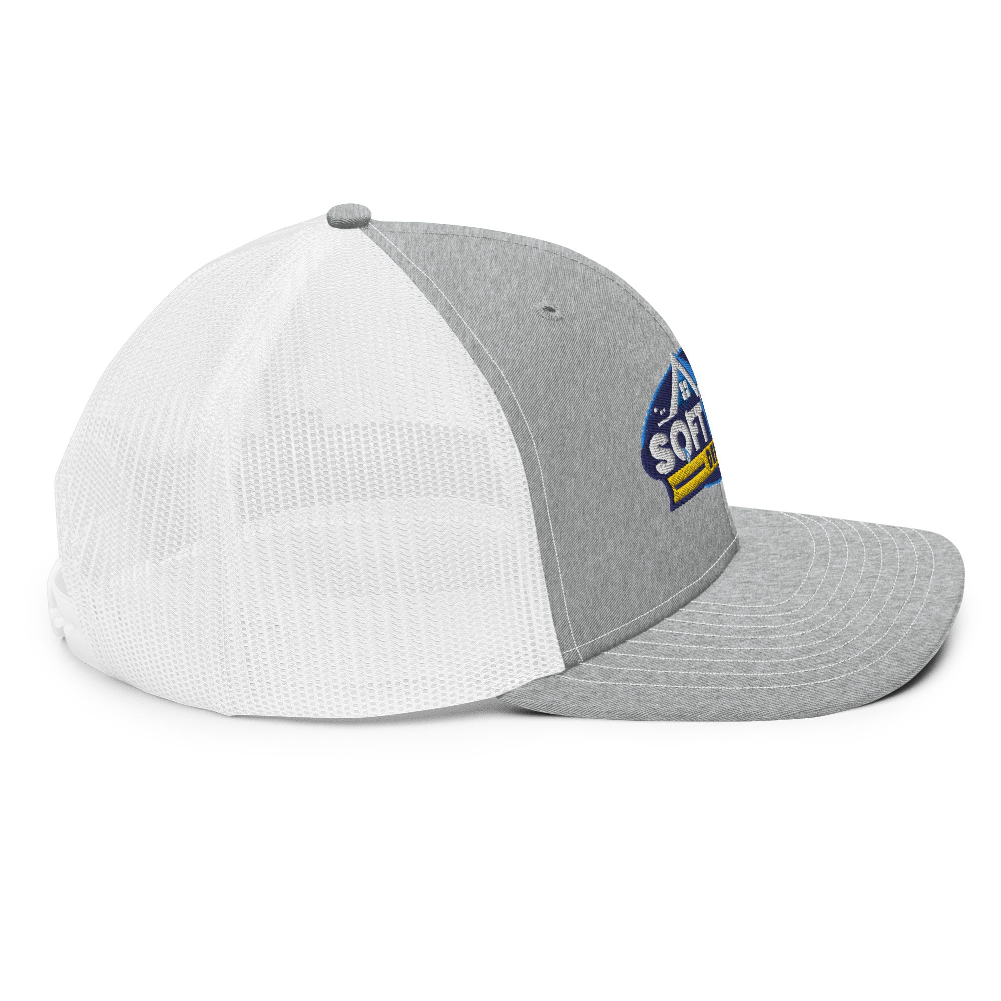 Mesh trucker hat with curved bill featuring an embroidered Soft Wash Depot logo on the front - Soft Wash Depot.