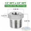 1/2 inch NPT male x 3/8 inch NPT female 304 stainless steel reducer hex bushing pipe fitting for plumbing and industrial use. - Soft Wash Depot