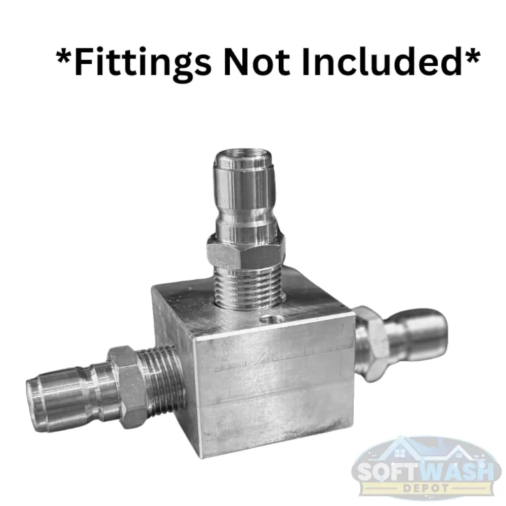 1/2 inch 3-way aluminum unloader bypass block with three NPT ports, precision machined in the USA for soft wash and pressure washing systems. - Soft Wash Depot