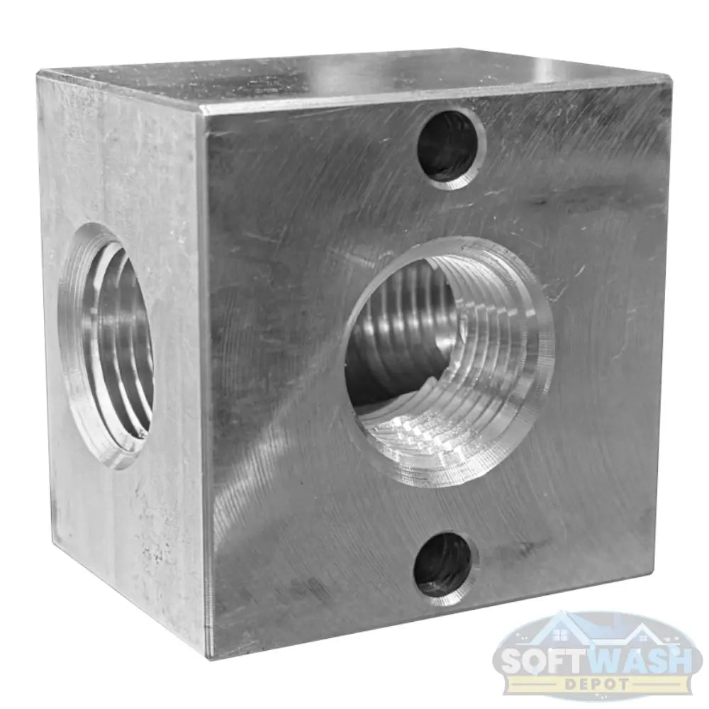 1/2 inch 3-way aluminum unloader bypass block with three NPT ports, precision machined in the USA for soft wash and pressure washing systems. - Soft Wash Depot