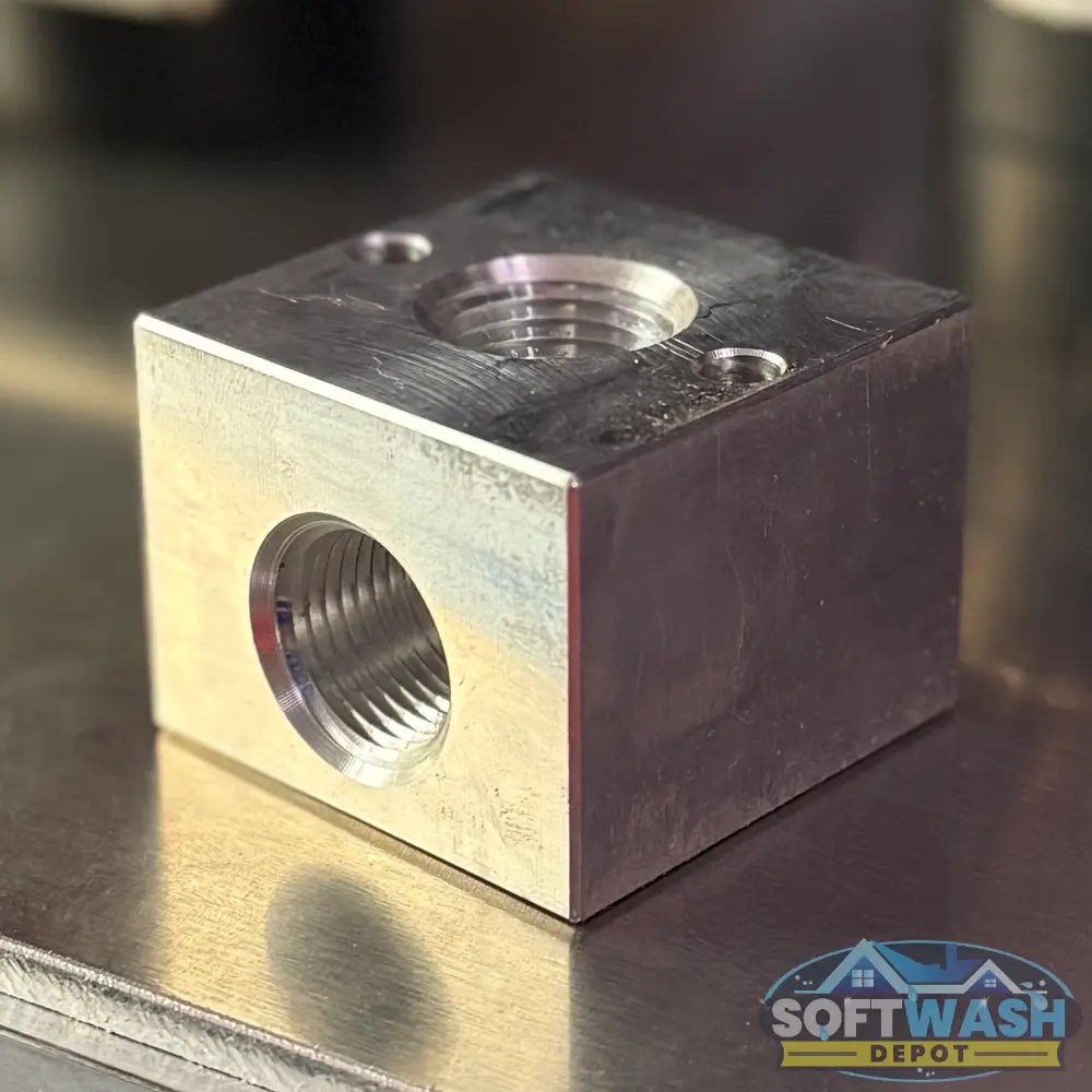 1/2 inch 3-way aluminum unloader bypass block with three NPT ports, precision machined in the USA for soft wash and pressure washing systems. - Soft Wash Depot