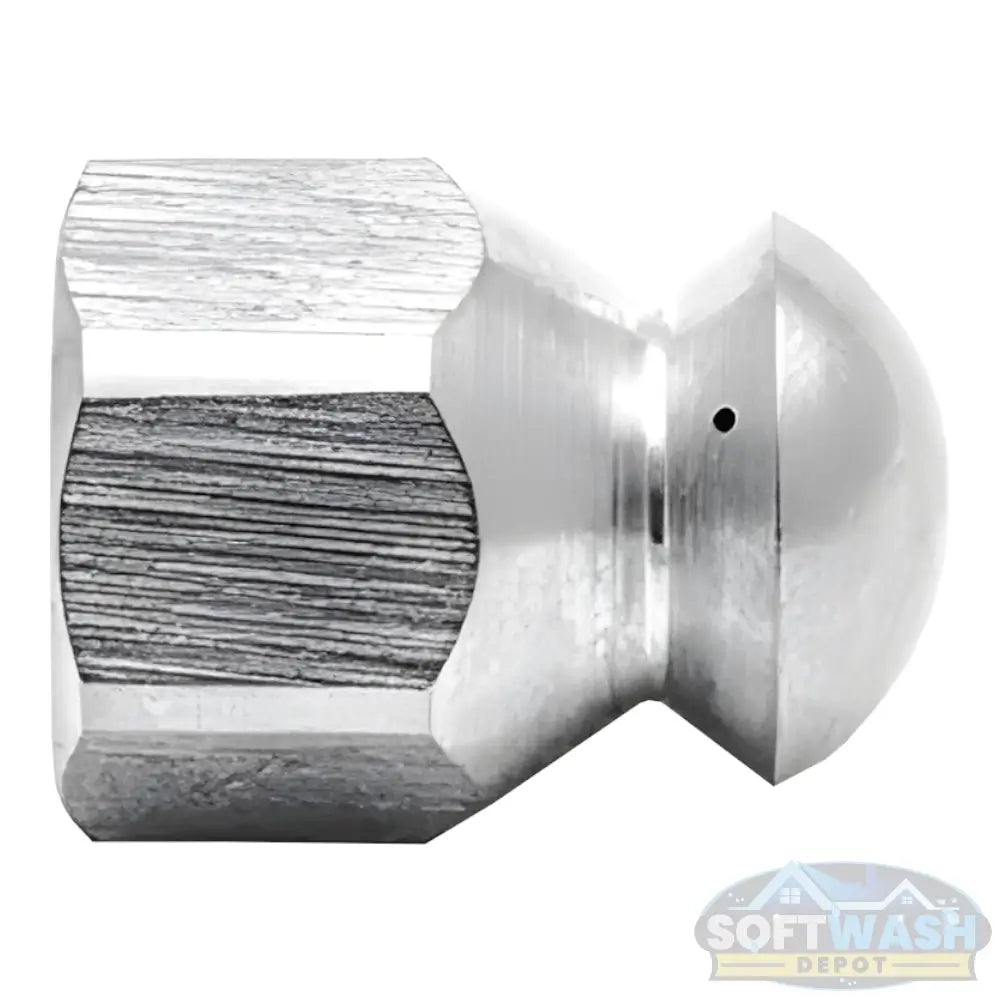 1/4 inch stainless steel fixed 4.5 sewer nozzle with button nose, front jet, and three rear jets for residential drain and sewer line cleaning. - Soft Wash Depot