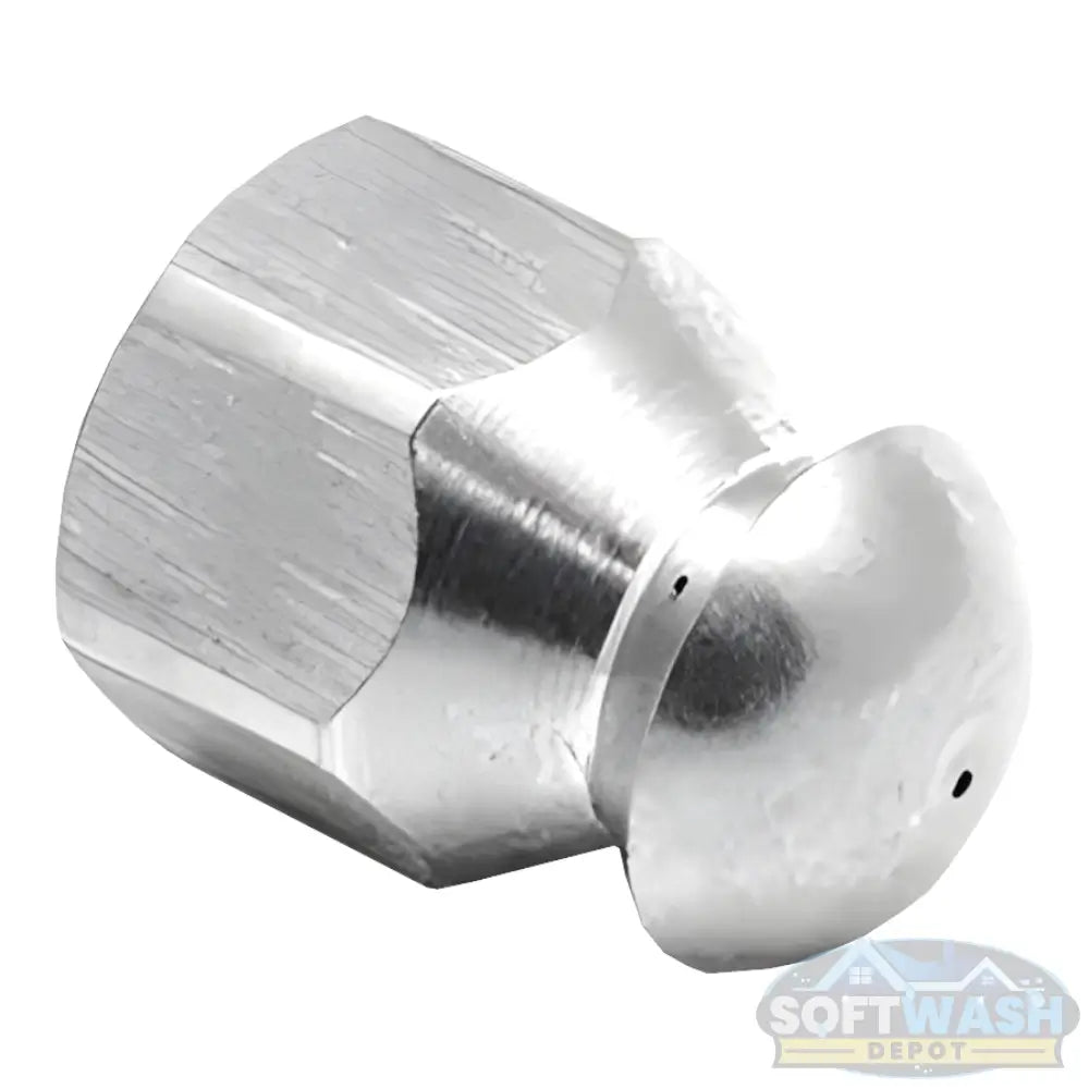 1/4 inch stainless steel fixed 4.5 sewer nozzle with button nose, front jet, and three rear jets for residential drain and sewer line cleaning. - Soft Wash Depot