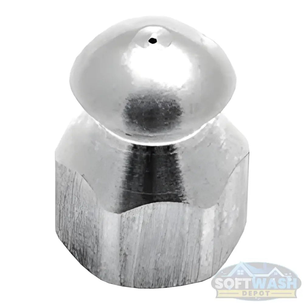 1/4 inch stainless steel fixed 8.0 sewer nozzle with button nose, front jet, and three rear jets for pressure washer sewer and drain cleaning. - Soft Wash Depot
