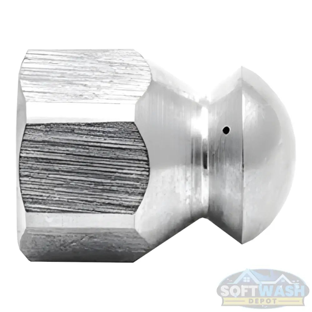 1/4 inch stainless steel fixed 8.0 sewer nozzle with button nose, front jet, and three rear jets for pressure washer sewer and drain cleaning. - Soft Wash Depot