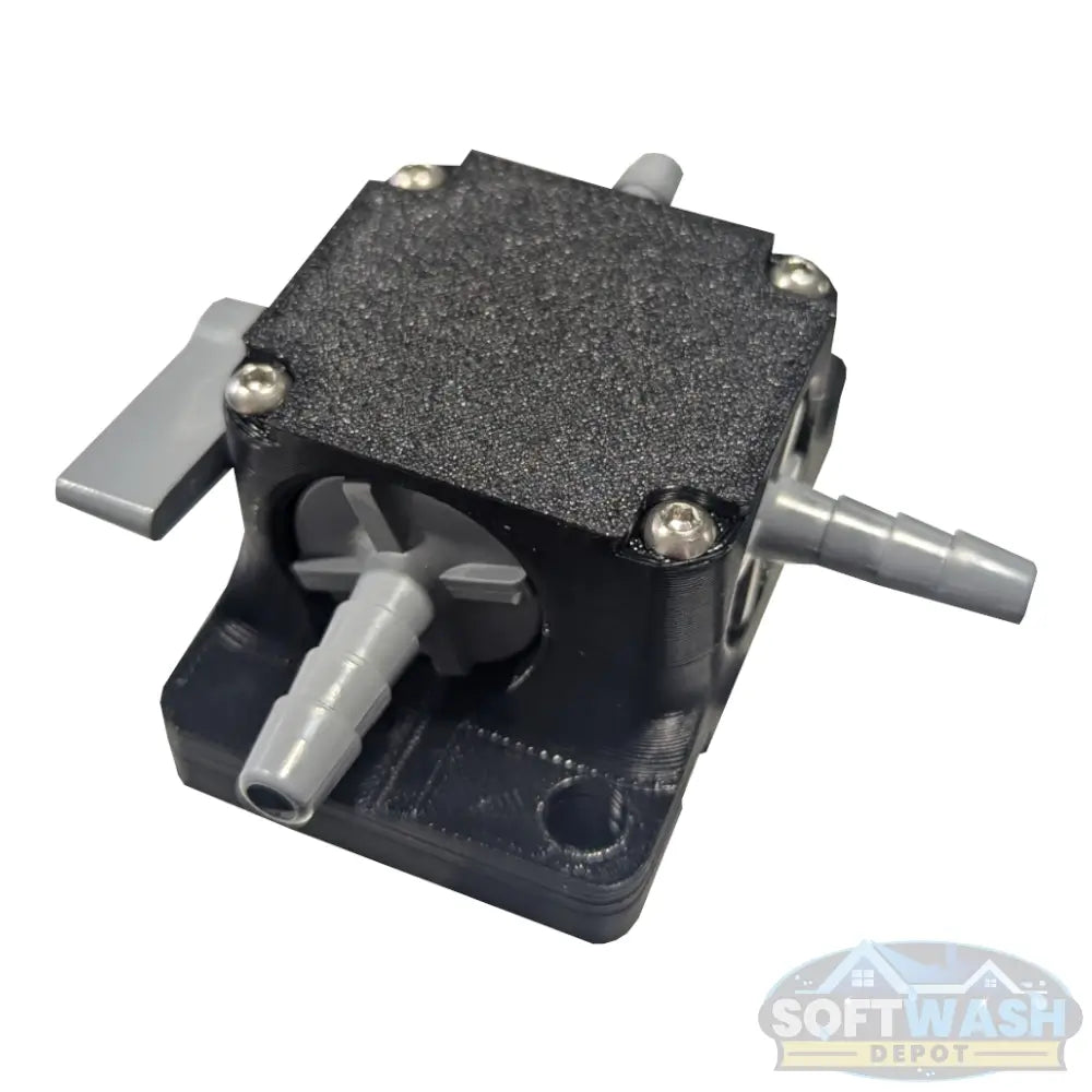 1/4" Hose Barb Series 326 3-Way PVC Ball Valve with FKM seals and mounting bracket for soft wash, agricultural, and chemical transfer systems. - Soft Wash Depot
