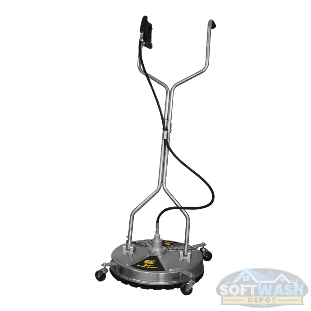 20-inch Whirl-A-Way stainless steel pressure washer surface cleaner with dual rotating jets, twin handles, swivel casters, and trigger gun for cleaning large flat surfaces. - Soft Wash Depot