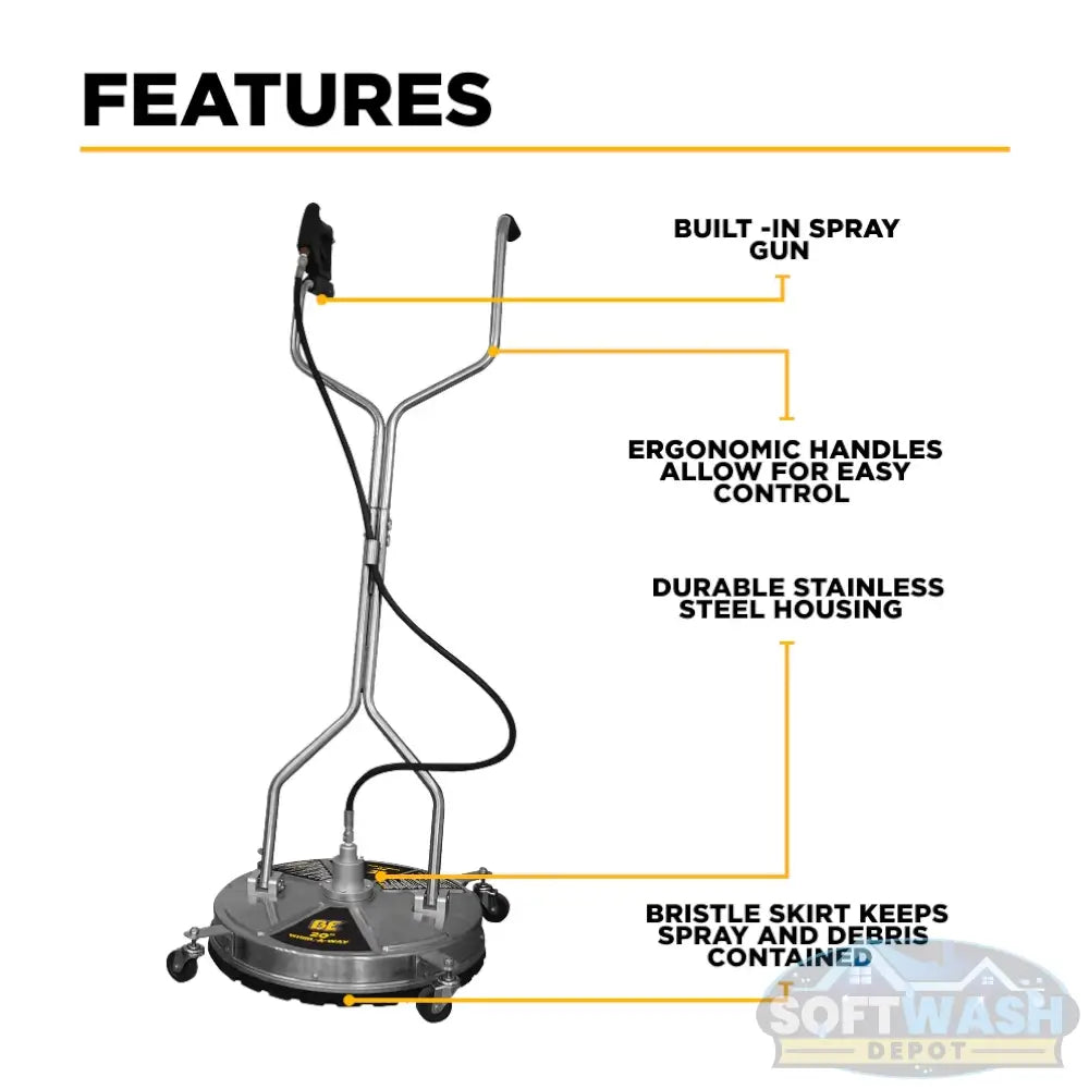 20-inch Whirl-A-Way stainless steel pressure washer surface cleaner with dual rotating jets, twin handles, swivel casters, and trigger gun for cleaning large flat surfaces. - Soft Wash Depot