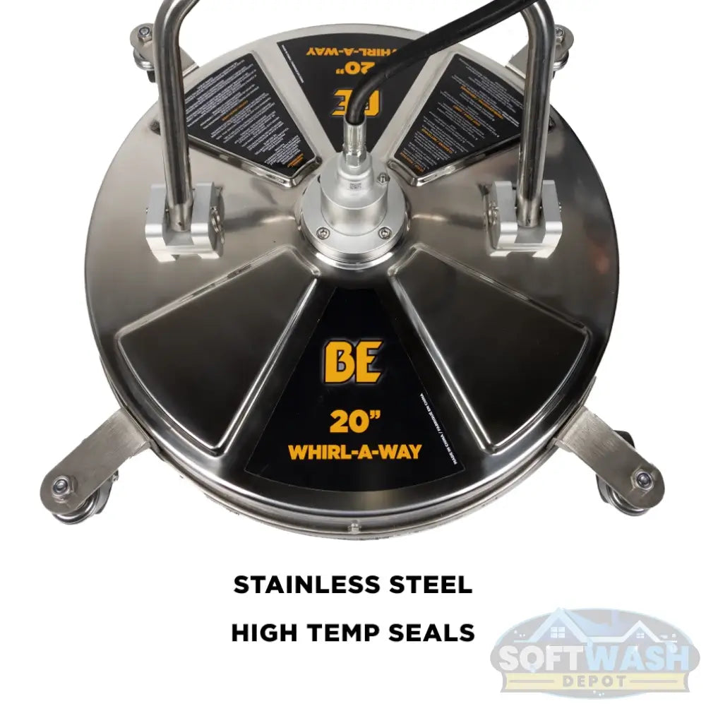 20-inch Whirl-A-Way stainless steel pressure washer surface cleaner with dual rotating jets, twin handles, swivel casters, and trigger gun for cleaning large flat surfaces. - Soft Wash Depot