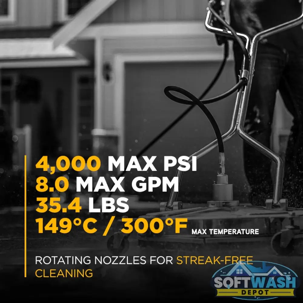 20-inch Whirl-A-Way stainless steel pressure washer surface cleaner with dual rotating jets, twin handles, swivel casters, and trigger gun for cleaning large flat surfaces. - Soft Wash Depot