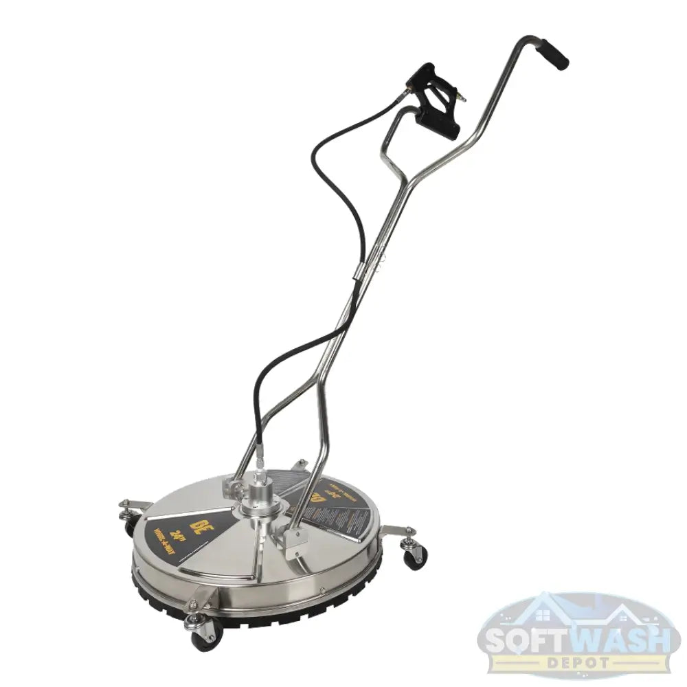 24 inch Whirl-A-Way stainless steel surface cleaner with triple rotating spray jets, twin handles, and caster wheels for commercial pressure washing. - Soft Wash Depot