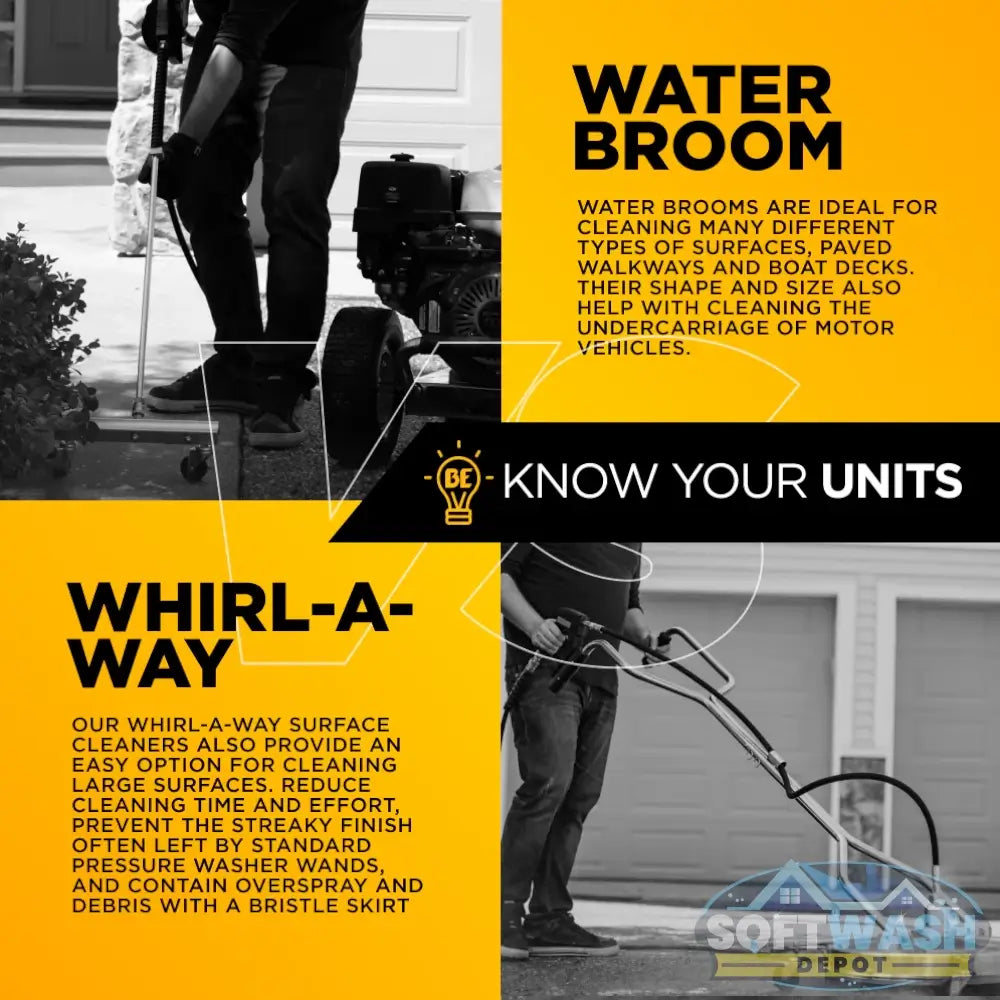 24 inch Whirl-A-Way stainless steel surface cleaner with triple rotating spray jets, twin handles, and caster wheels for commercial pressure washing. - Soft Wash Depot