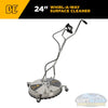 24 inch Whirl-A-Way stainless steel surface cleaner with triple rotating spray jets, twin handles, and caster wheels for commercial pressure washing. - Soft Wash Depot