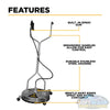 24 inch Whirl-A-Way stainless steel surface cleaner with triple rotating spray jets, twin handles, and caster wheels for commercial pressure washing. - Soft Wash Depot