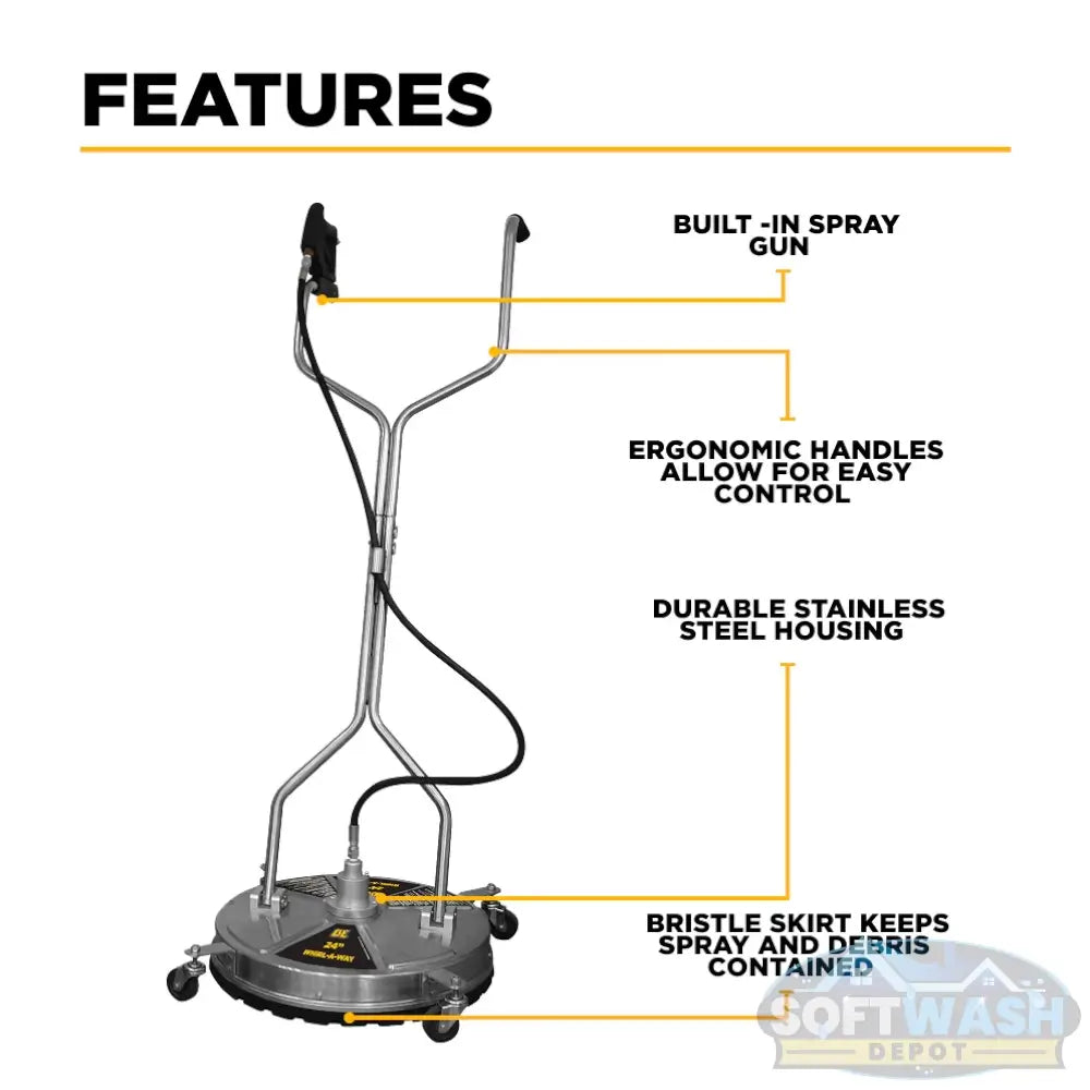 24 inch Whirl-A-Way stainless steel surface cleaner with triple rotating spray jets, twin handles, and caster wheels for commercial pressure washing. - Soft Wash Depot