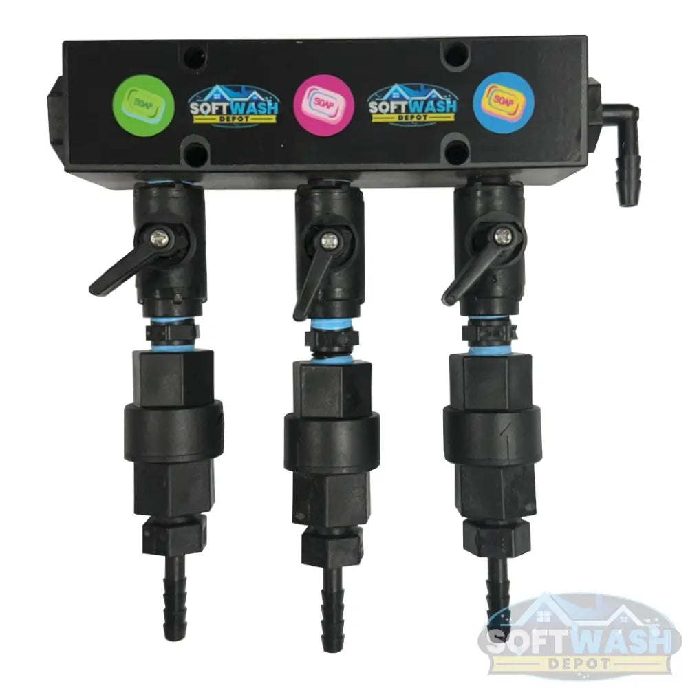 Black downstream injector manifold block available in 2-port and 3-port configurations, featuring chemical-resistant valves and barbed fittings for quick soft wash solution switching. - Soft Wash Depot